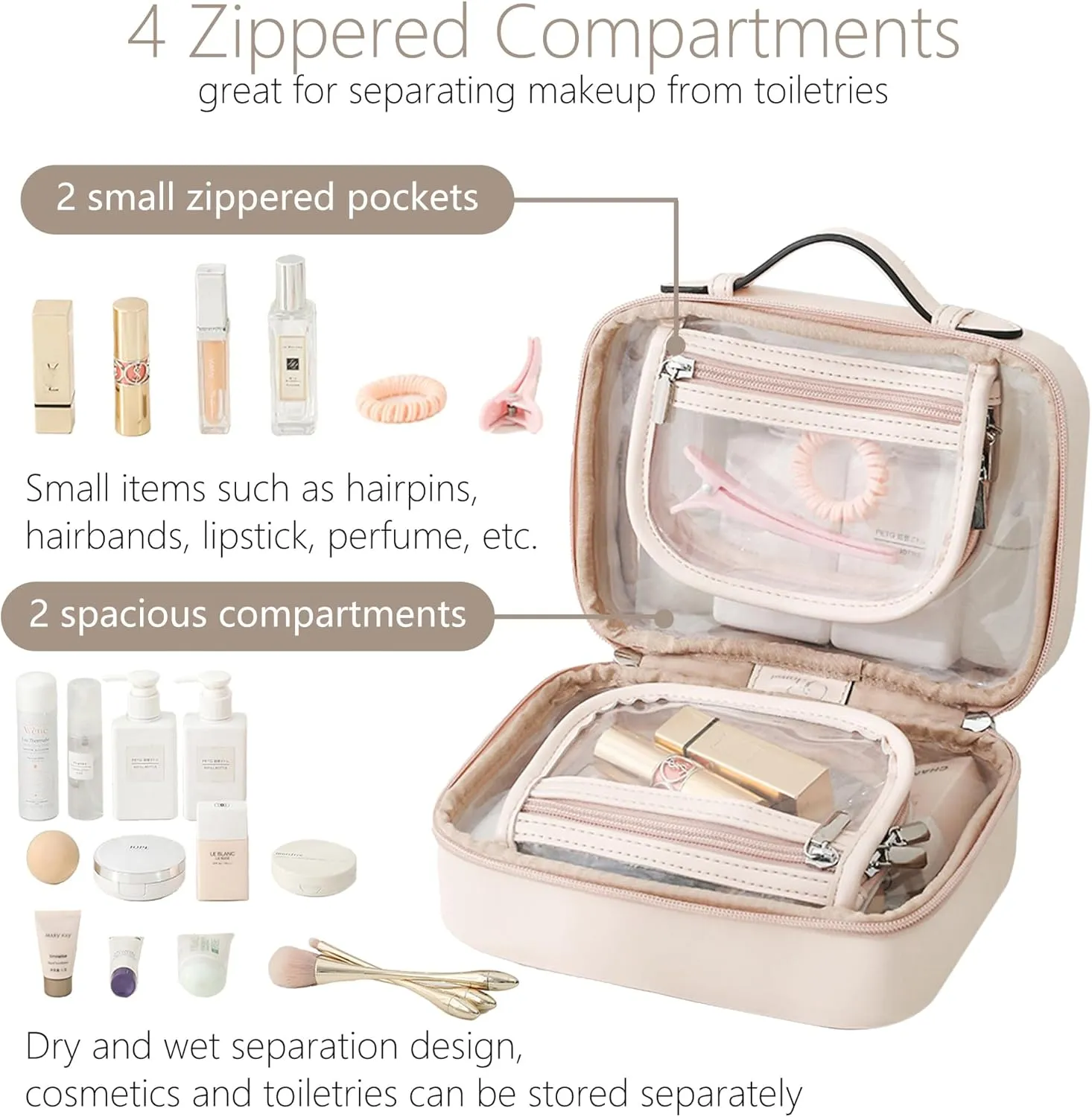 TSA Approved Clear Toiletry Bag, Leather Waterproof Travel Makeup Bag for Women, Portable Transparent Cosmetic Case with Double Layer 4 Compartments Zipper (Pink, Small)