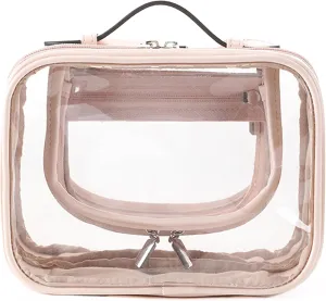 TSA Approved Clear Toiletry Bag, Leather Waterproof Travel Makeup Bag for Women, Portable Transparent Cosmetic Case with Double Layer 4 Compartments Zipper (Pink, Small)