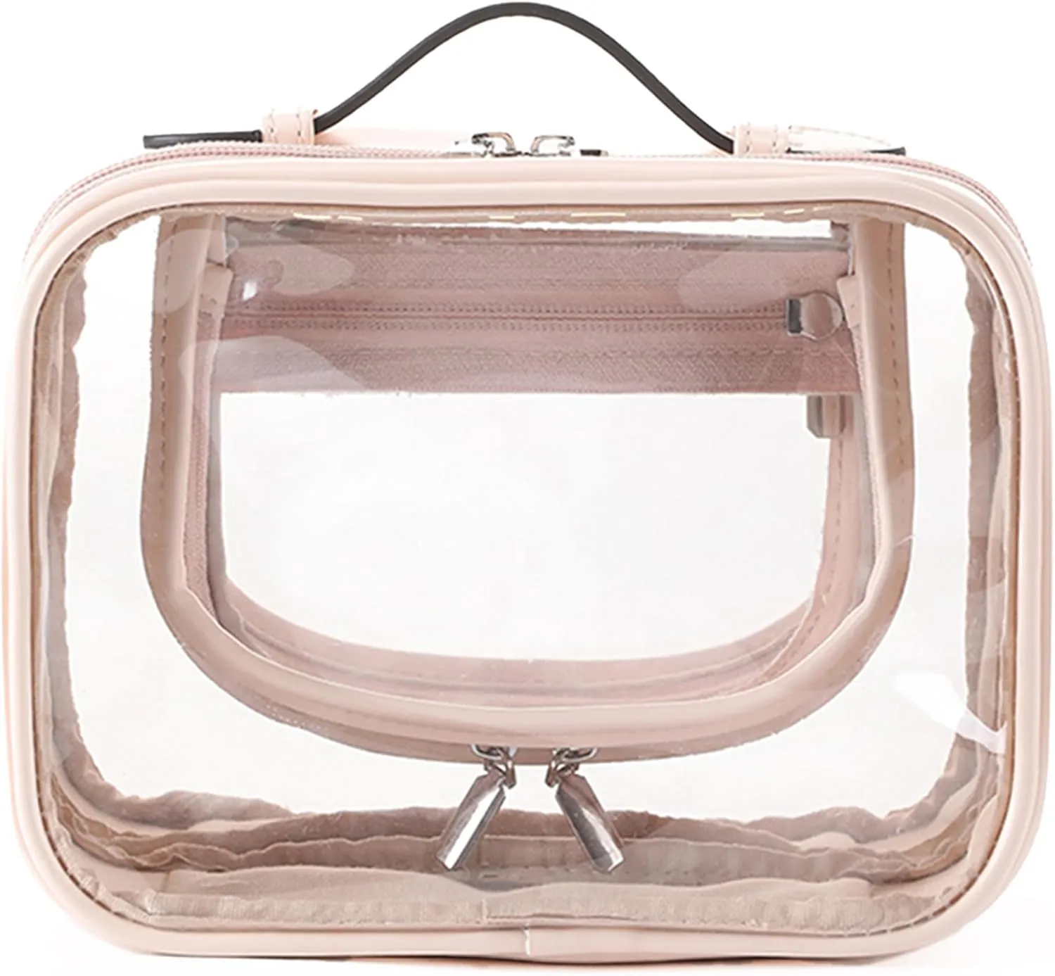 TSA Approved Clear Toiletry Bag, Leather Waterproof Travel Makeup Bag for Women, Portable Transparent Cosmetic Case with Double Layer 4 Compartments Zipper (Pink, Small)
