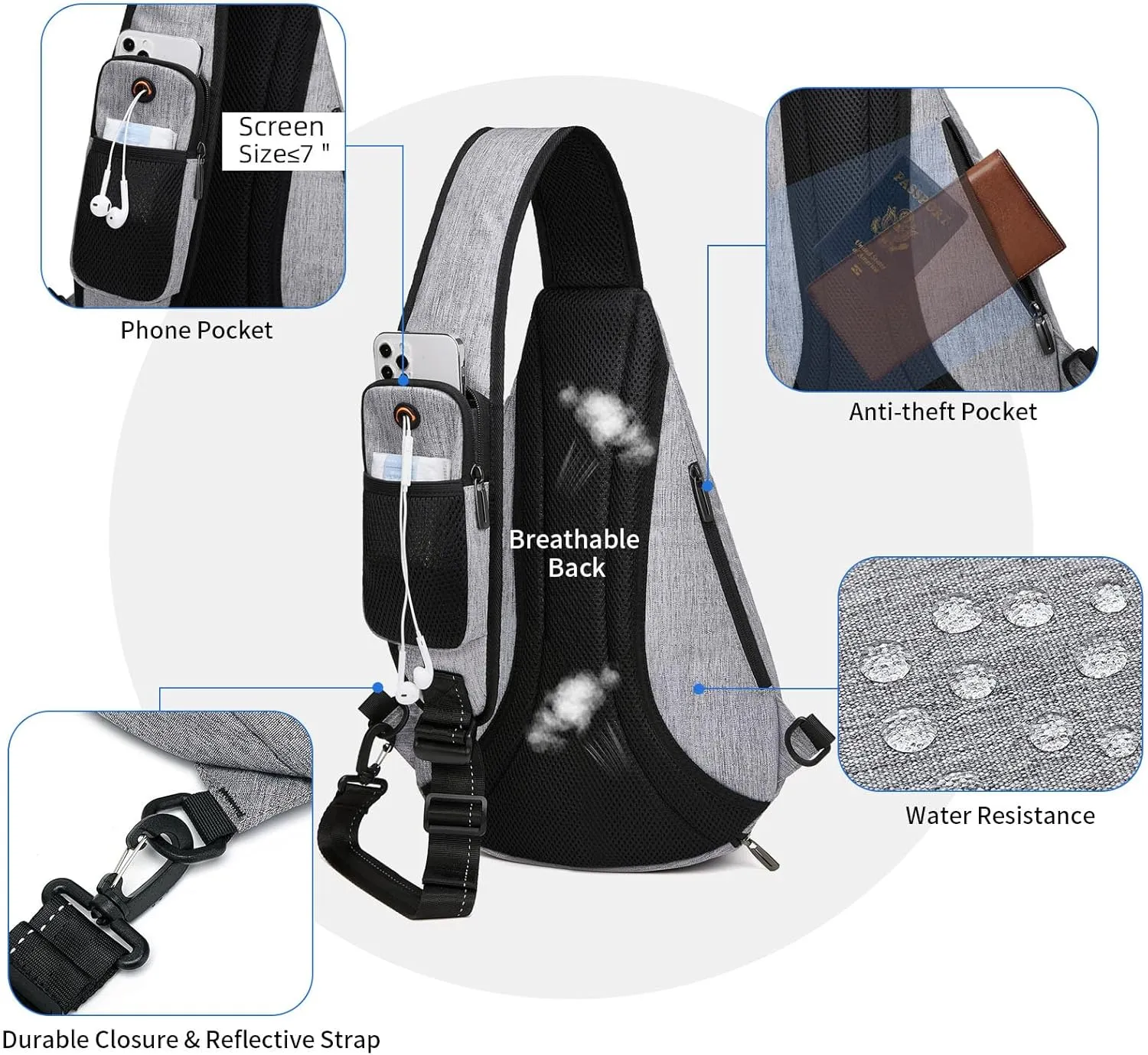 TUDEQU Sling backpack, 8 Pockets Sling Bag Crossbody, 19L Large Sling Bag for Men Travel Crossbody Backpack Hiking Outdoor