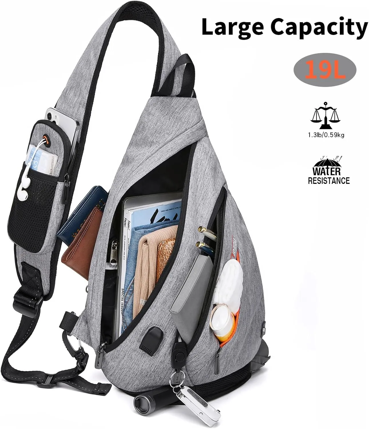 TUDEQU Sling backpack, 8 Pockets Sling Bag Crossbody, 19L Large Sling Bag for Men Travel Crossbody Backpack Hiking Outdoor