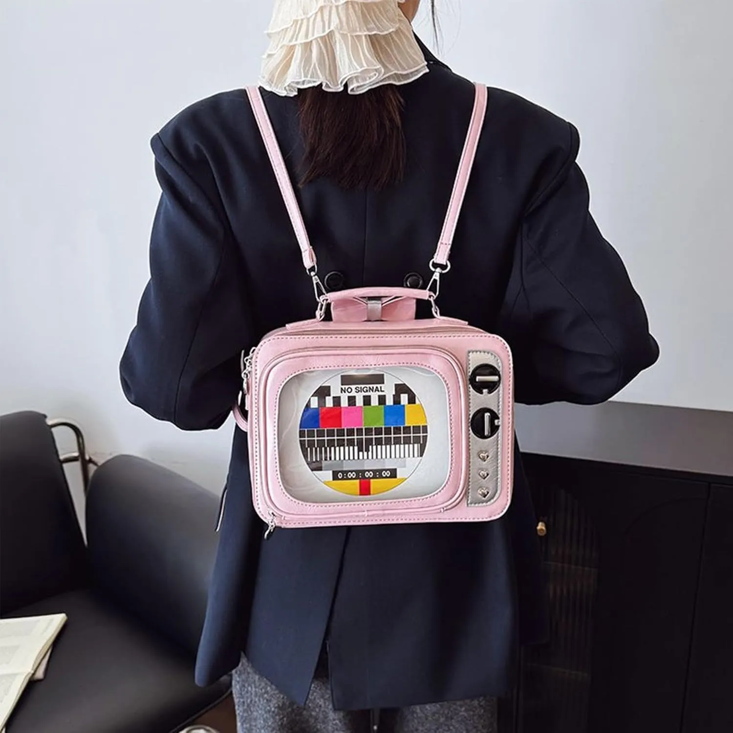 TV shape ita bag Retro Television Shoulder Bag Design for women anime pins display crossbody bag ita backpack with inserts (Pink)