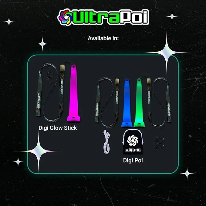 UltraPoi Digi LED Glow Stick - Rechargeable Rainbow Light Stick with S Hook Clip & Lanyard - Customizable & Wearable LED Concert Light Stick for Poi, Rave, Camping, Backpacks, Parties & More