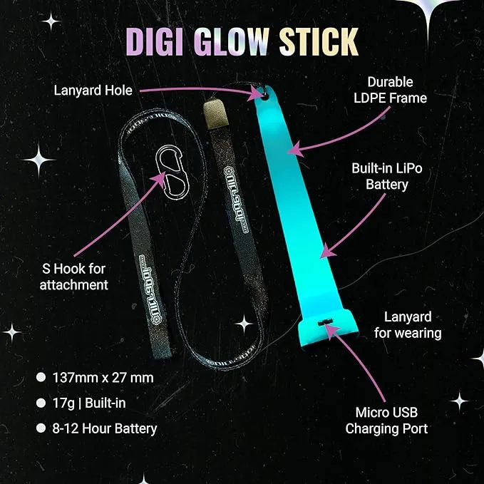 UltraPoi Digi LED Glow Stick - Rechargeable Rainbow Light Stick with S Hook Clip & Lanyard - Customizable & Wearable LED Concert Light Stick for Poi, Rave, Camping, Backpacks, Parties & More