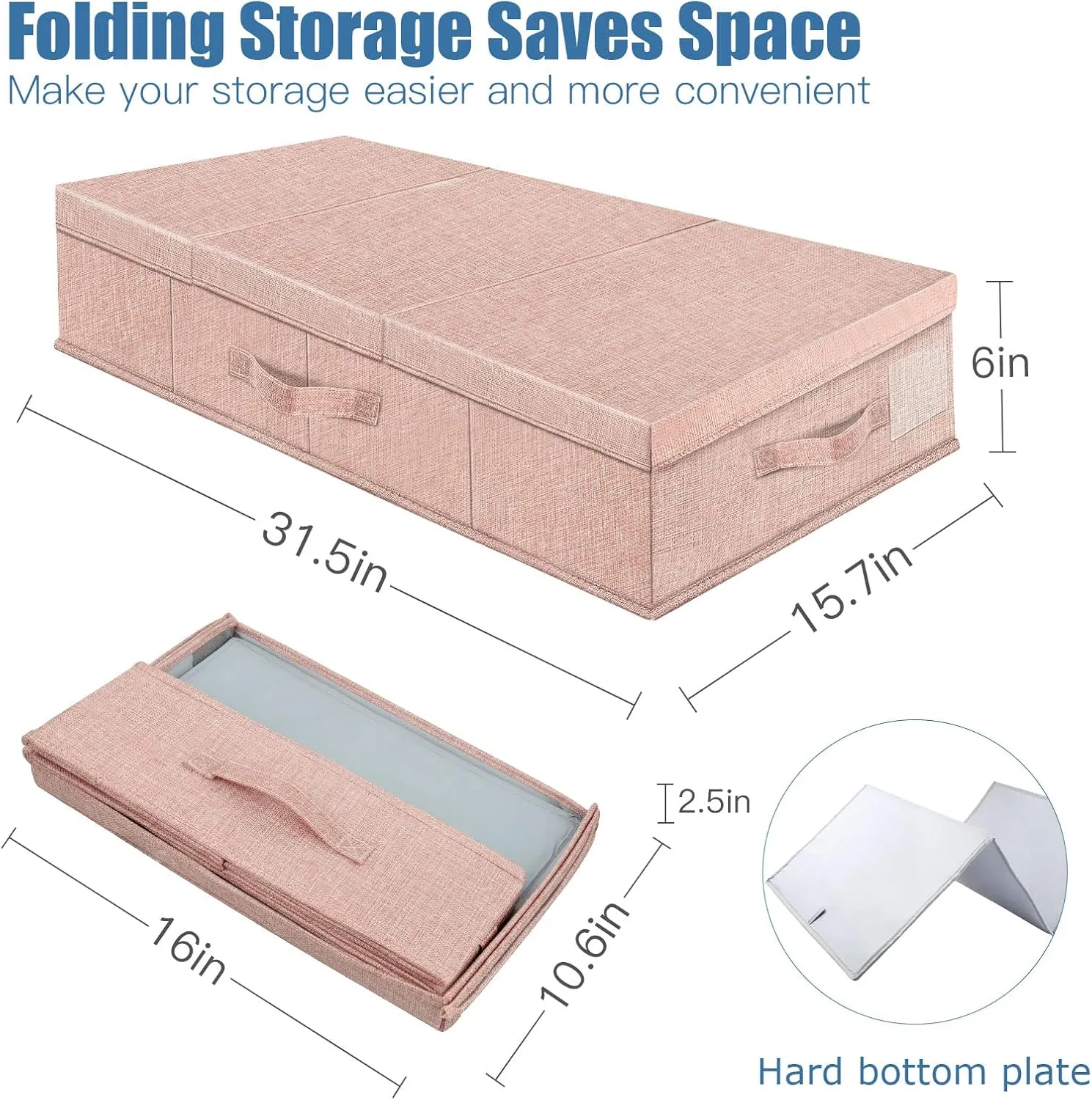 Underbed Storage Containers Bin with Lids (Set of 2) Large Under Bed Storage Organizer Box with Handle, Foldable Under the Storage Bags for Organizing Clothes, Shoes, Blankets, Pillows-Pink