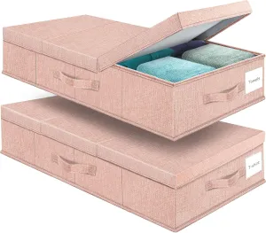 Underbed Storage Containers Bin with Lids (Set of 2) Large Under Bed Storage Organizer Box with Handle, Foldable Under the Storage Bags for Organizing Clothes, Shoes, Blankets, Pillows-Pink