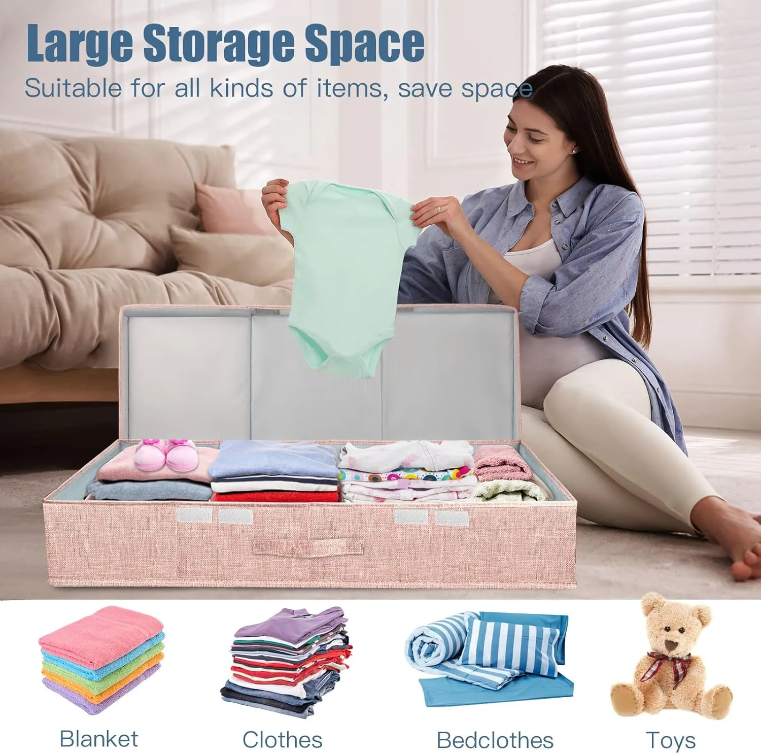 Underbed Storage Containers Bin with Lids (Set of 2) Large Under Bed Storage Organizer Box with Handle, Foldable Under the Storage Bags for Organizing Clothes, Shoes, Blankets, Pillows-Pink