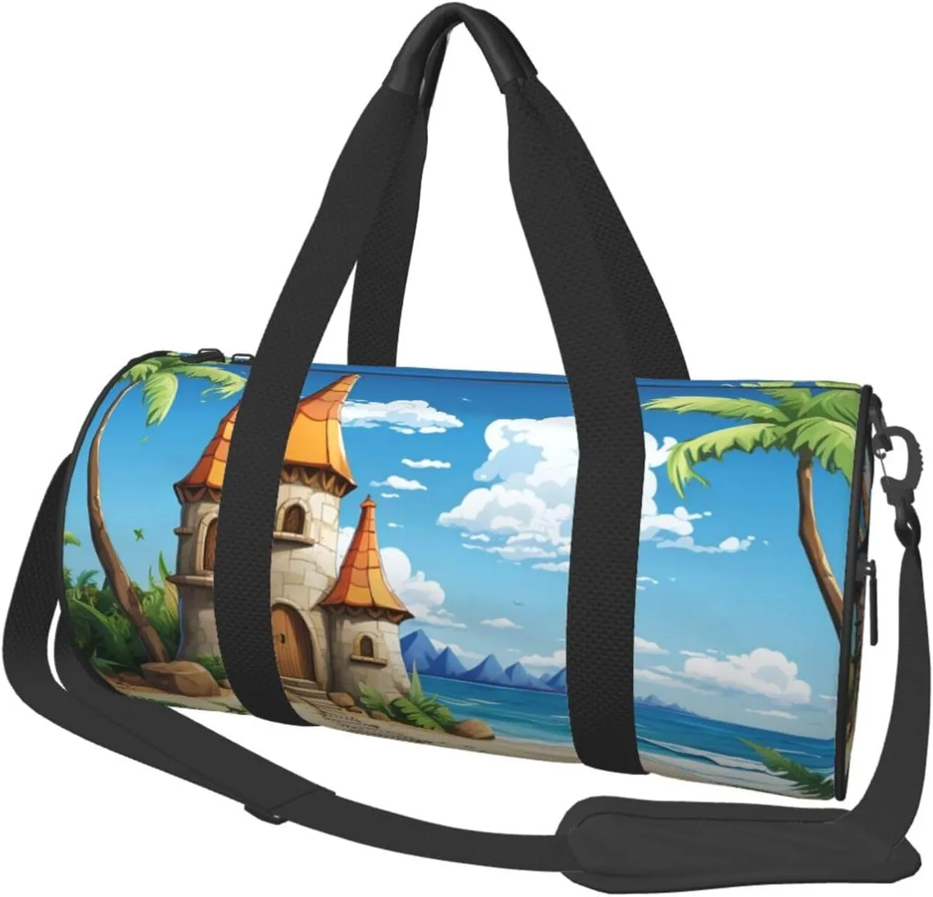 UNIOND Travel Duffle Bag Lightweight Sports Gym Bag for Men Women Foldable Carry on Weekender Overnight Bag Cartoon Beach Sand House Canvas Sport Duffel Bag for Yoga Business Trip, Black