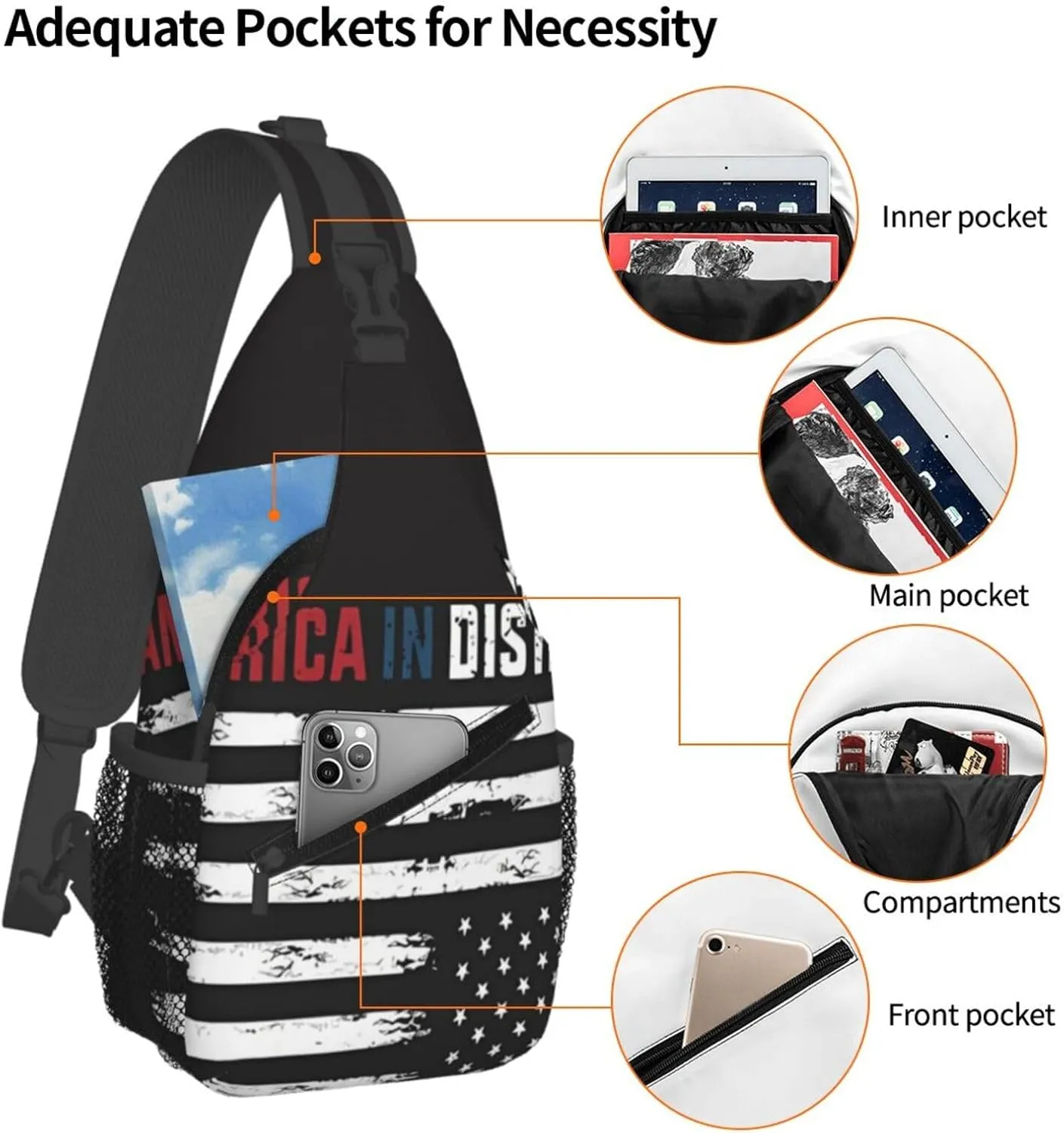 Upside Down American America In Distress Small Crossbody Backpack Sling Bag For Men Women Mini One Shoulder Chest Bags Gym Sport Travel Hiking Daypack