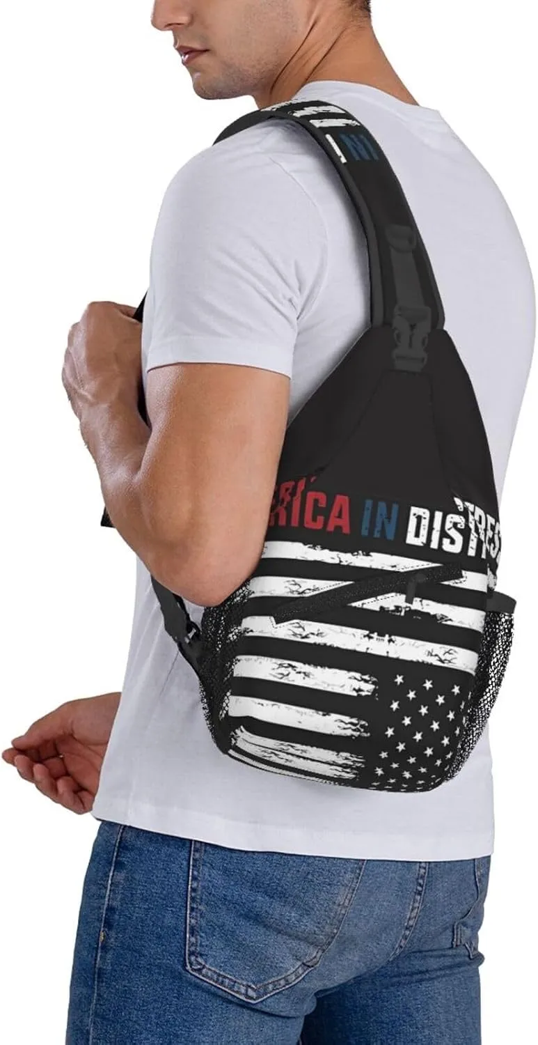 Upside Down American America In Distress Small Crossbody Backpack Sling Bag For Men Women Mini One Shoulder Chest Bags Gym Sport Travel Hiking Daypack