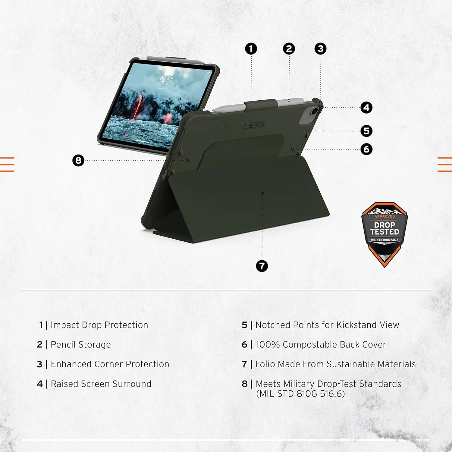 URBAN ARMOR GEAR UAG Designed for iPad 10.2 inch 9th Generation 2021 & iPad 8th Generation 2020 Case Green Olive Rugged Multi Angle Stand Folio Pencil Holder Biodegradable Outback Protective Cover