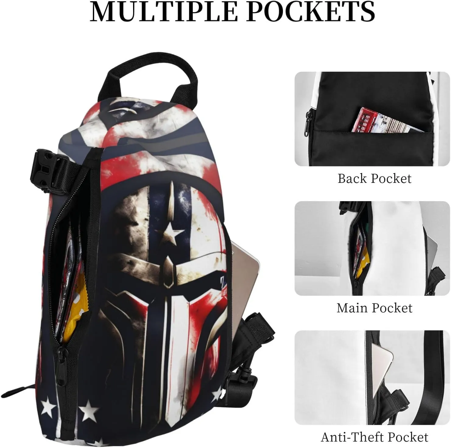Usa Flag American Spartan Print Crossbody Backpack Casual Adjustable Bag Multifunctional Sling Backpack