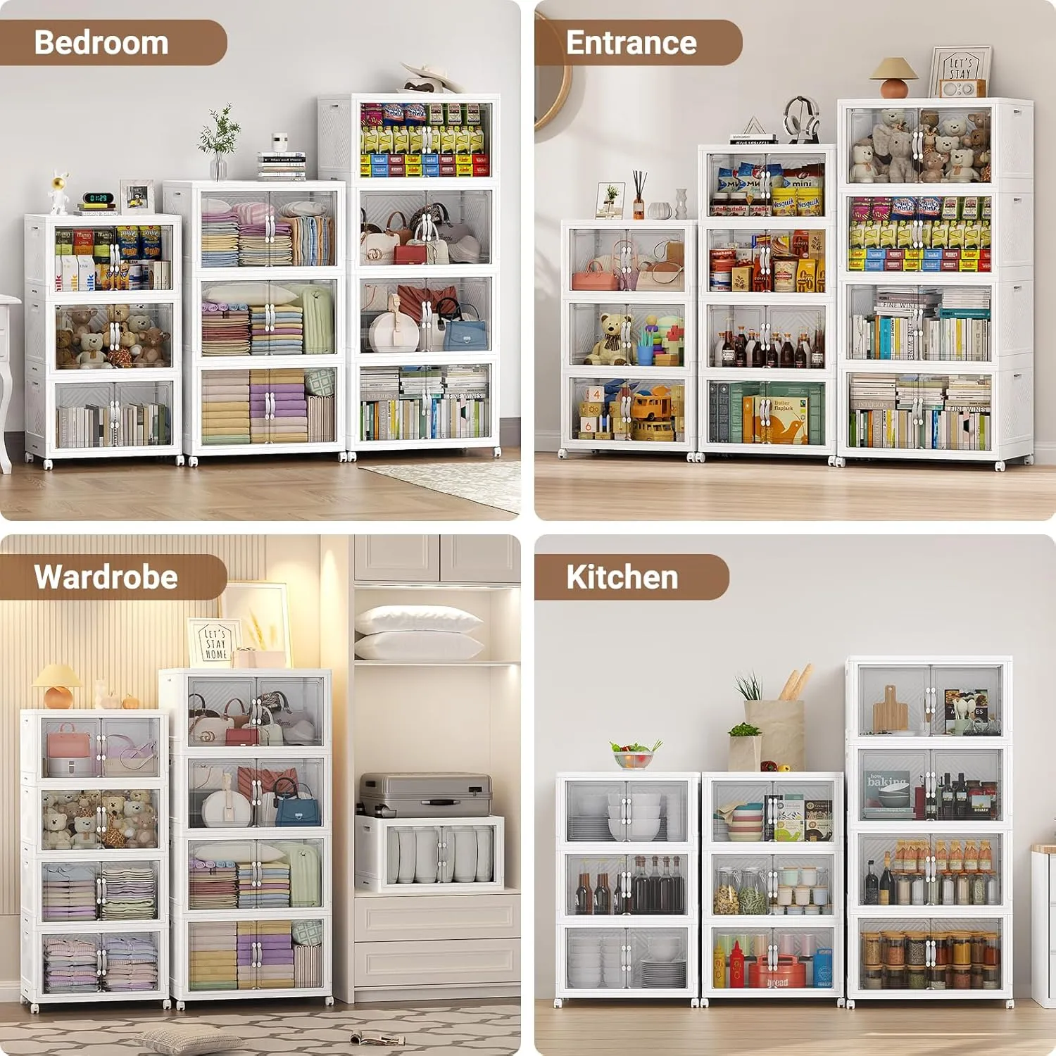 V20 300QT Stackable Storage Bins with Lid, 75Gal Plastic Box, Collapsible Containers with Wheels, Foldable Cabinets with Doors, Closet Organizer, 3Pack White