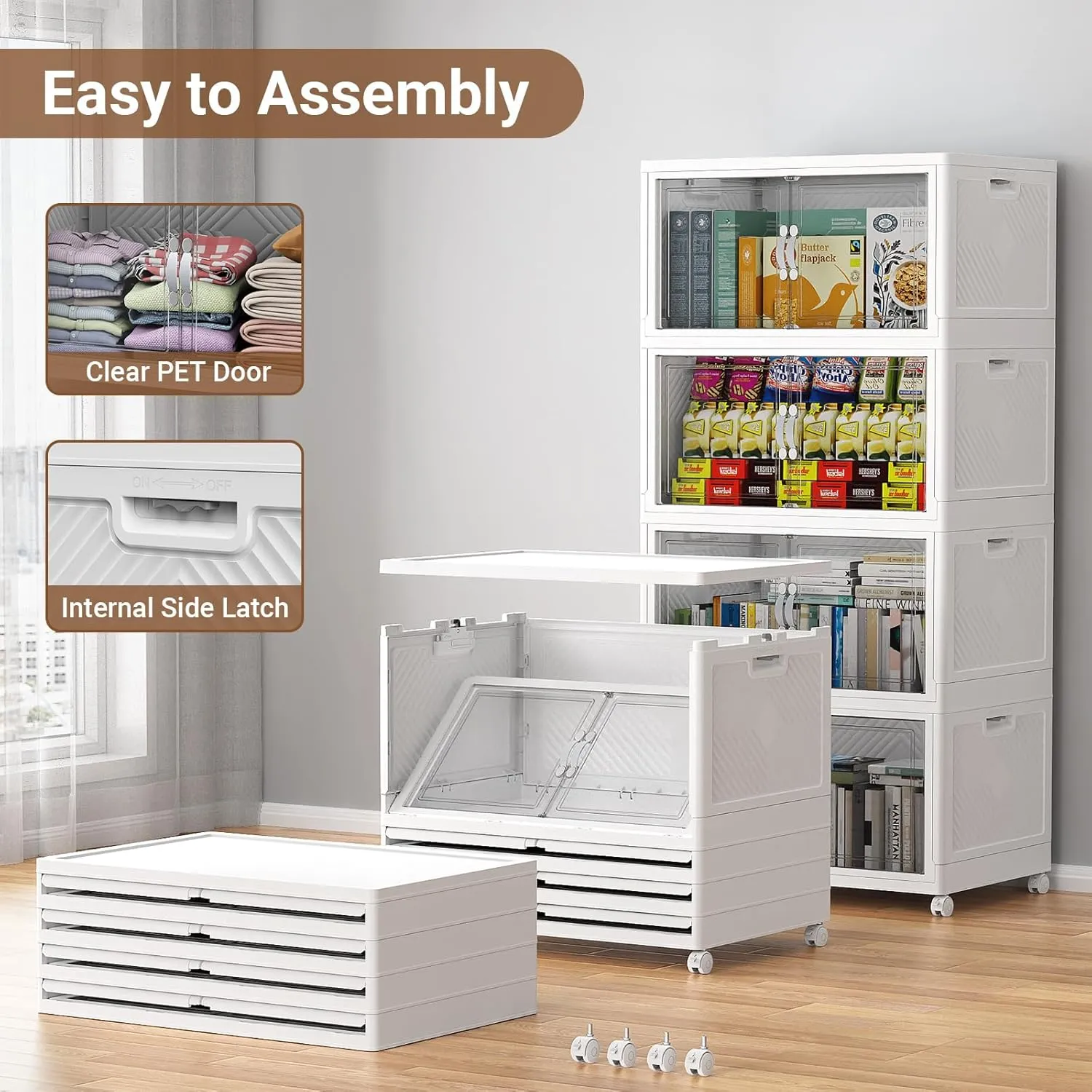 V20 300QT Stackable Storage Bins with Lid, 75Gal Plastic Box, Collapsible Containers with Wheels, Foldable Cabinets with Doors, Closet Organizer, 3Pack White