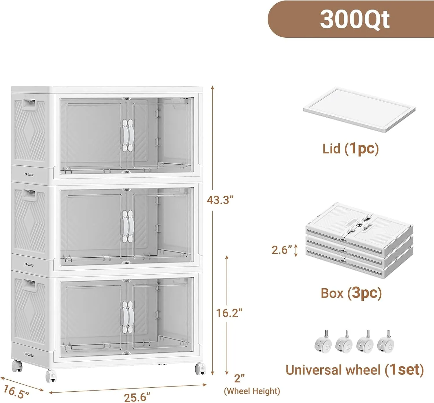 V20 300QT Stackable Storage Bins with Lid, 75Gal Plastic Box, Collapsible Containers with Wheels, Foldable Cabinets with Doors, Closet Organizer, 3Pack White