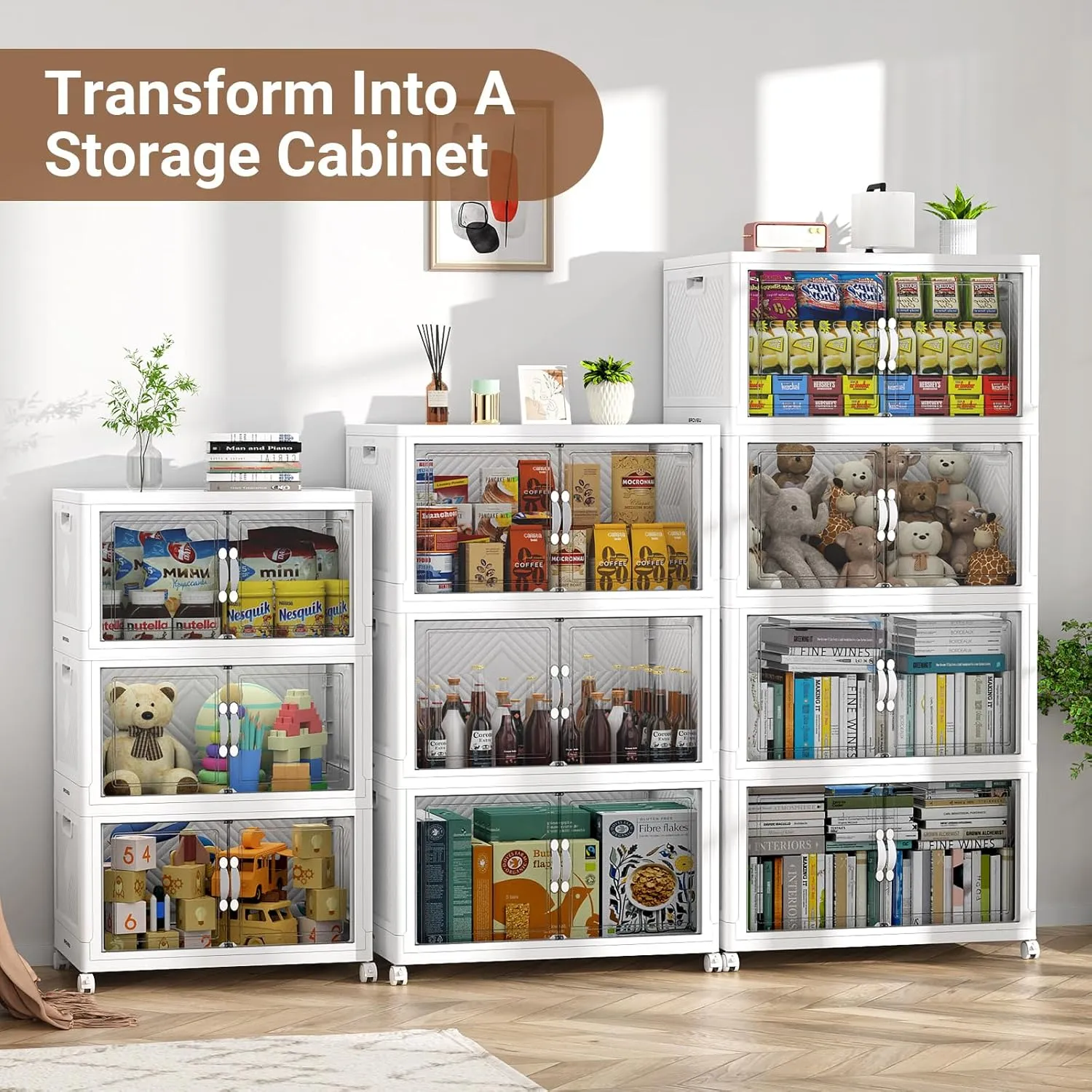 V20 300QT Stackable Storage Bins with Lid, 75Gal Plastic Box, Collapsible Containers with Wheels, Foldable Cabinets with Doors, Closet Organizer, 3Pack White