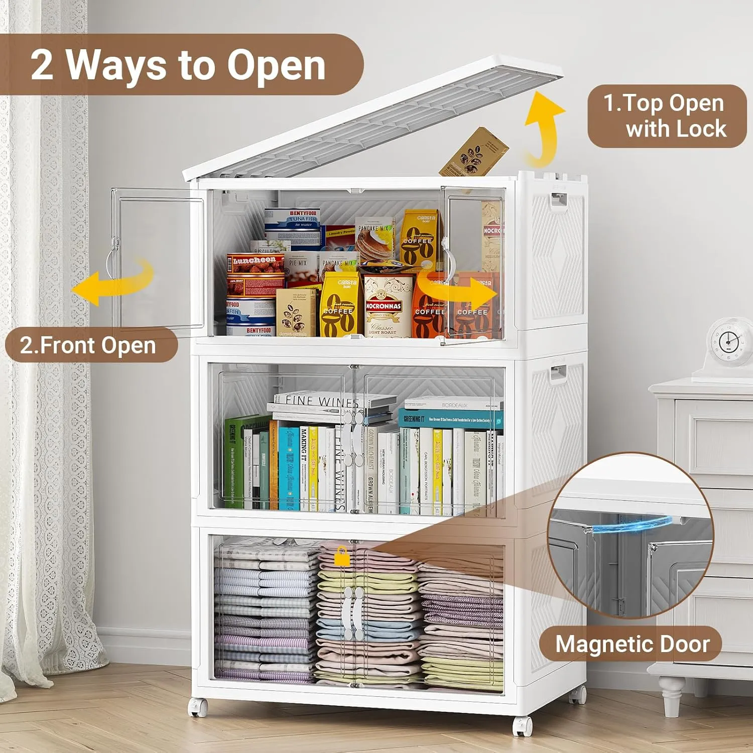 V20 300QT Stackable Storage Bins with Lid, 75Gal Plastic Box, Collapsible Containers with Wheels, Foldable Cabinets with Doors, Closet Organizer, 3Pack White