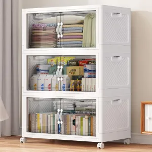 V20 300QT Stackable Storage Bins with Lid, 75Gal Plastic Box, Collapsible Containers with Wheels, Foldable Cabinets with Doors, Closet Organizer, 3Pack White