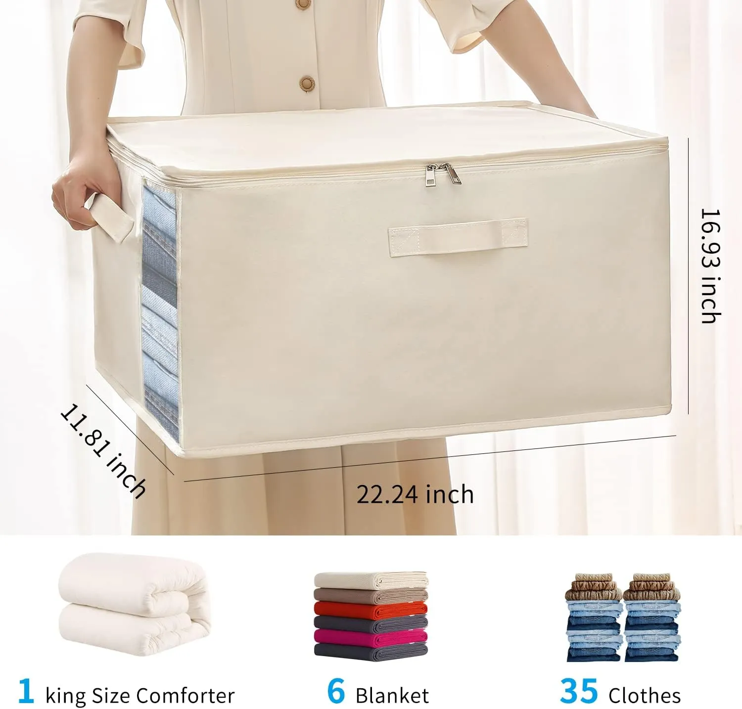 Vailando 4 Pack Large Canvas Comforter Storage Bags Closet Organizer for Clothes Sweater Clothes Organizer with Dual Zipper Three Carrying Handles for Blanket Closet Storage Container