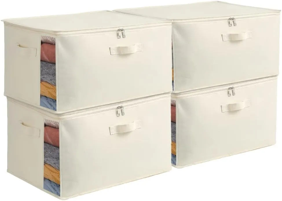 Vailando 4 Pack Large Canvas Comforter Storage Bags Closet Organizer for Clothes Sweater Clothes Organizer with Dual Zipper Three Carrying Handles for Blanket Closet Storage Container