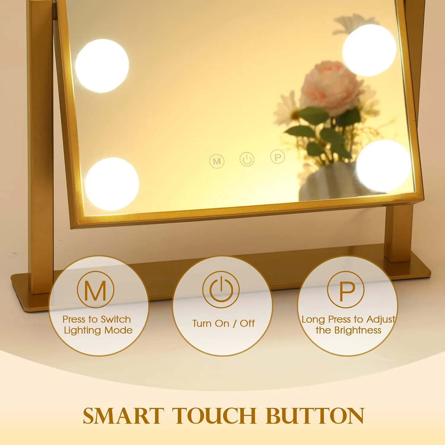 Vanity Mirror with Lights, Hollywood Mirror Lighted Makeup Mirror with 9 LED Bulbs, Touch Control Design 3 Colors Dimmable Bulbs Detachable 10X Magnification 360°Rotation(Gold)