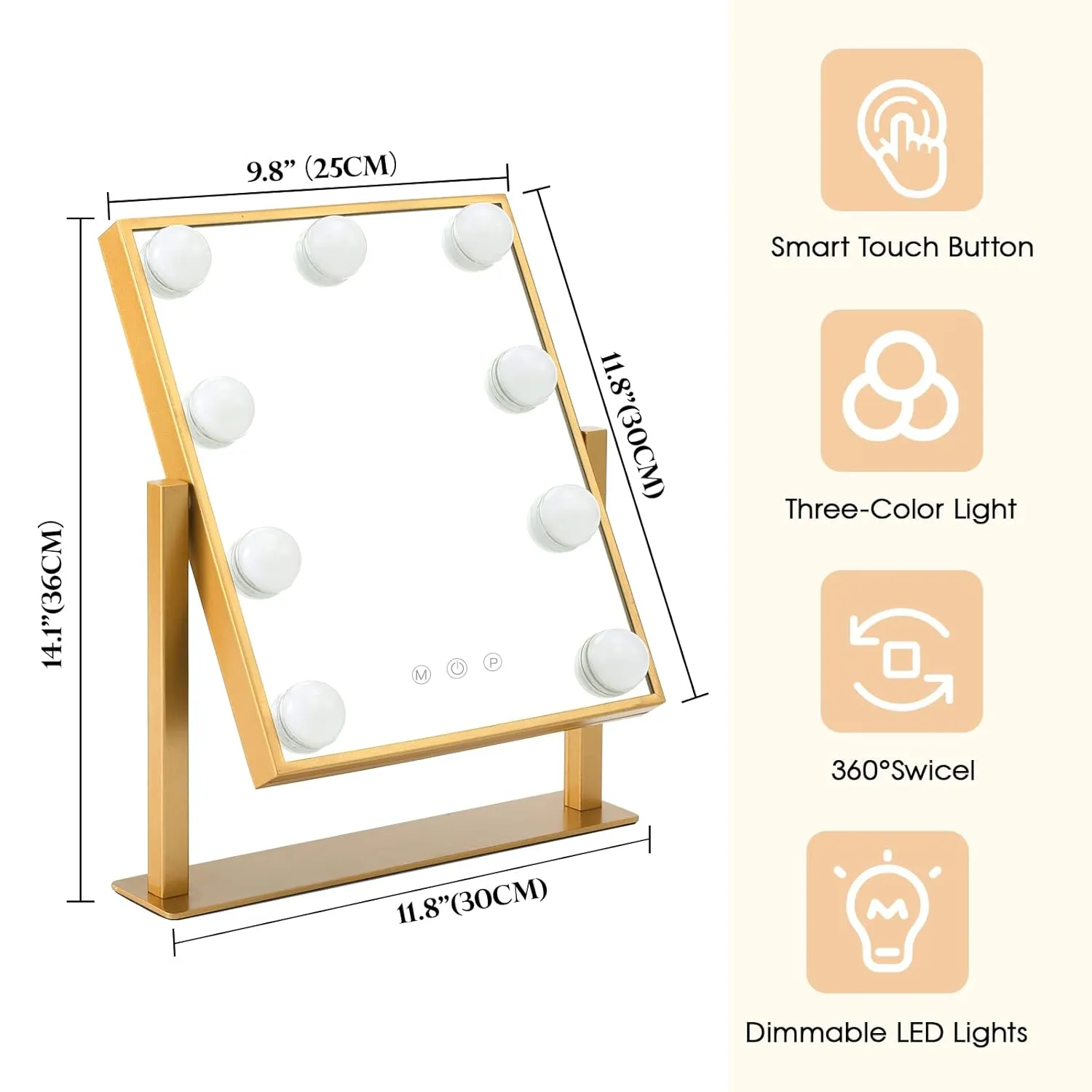 Vanity Mirror with Lights, Hollywood Mirror Lighted Makeup Mirror with 9 LED Bulbs, Touch Control Design 3 Colors Dimmable Bulbs Detachable 10X Magnification 360°Rotation(Gold)