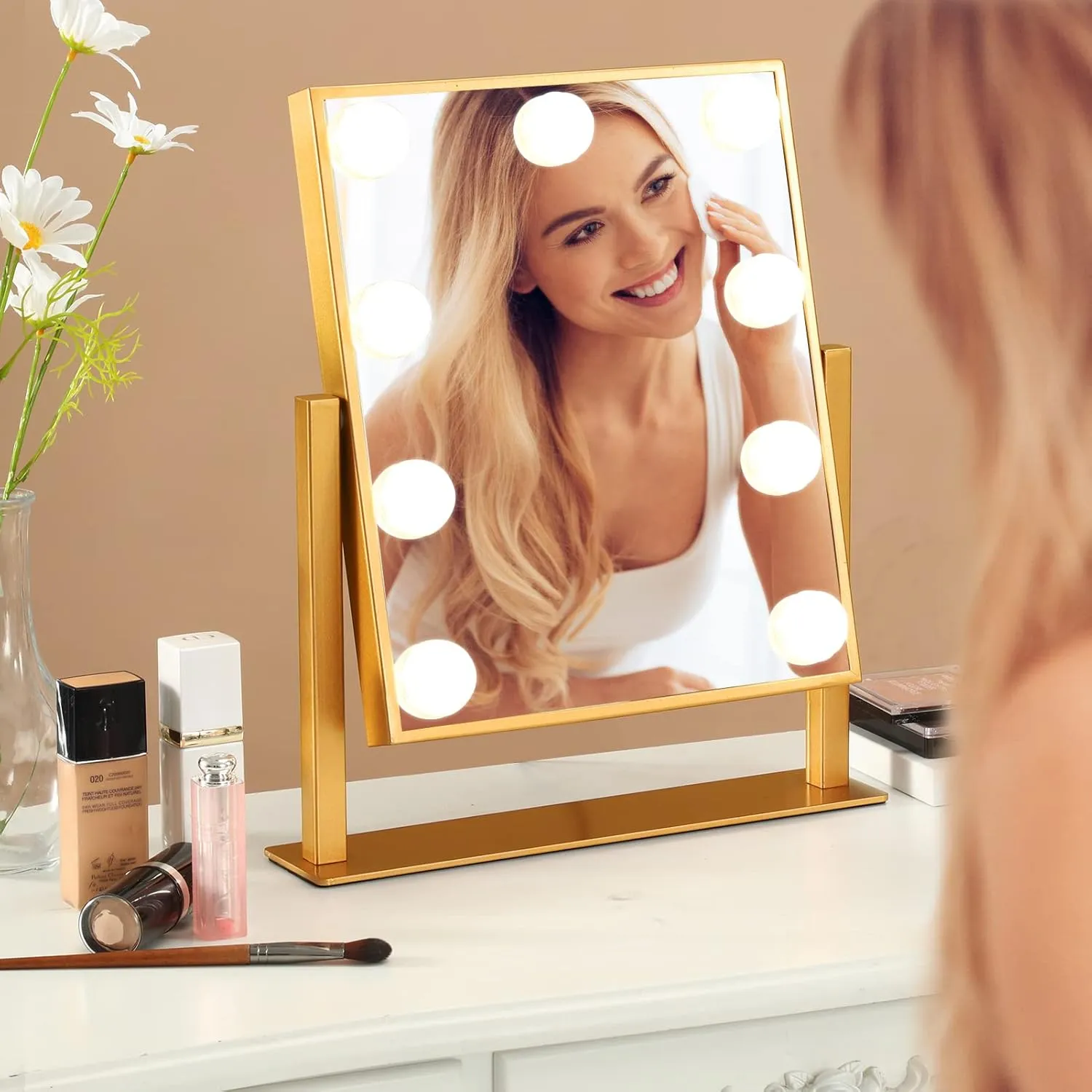 Vanity Mirror with Lights, Hollywood Mirror Lighted Makeup Mirror with 9 LED Bulbs, Touch Control Design 3 Colors Dimmable Bulbs Detachable 10X Magnification 360°Rotation(Gold)