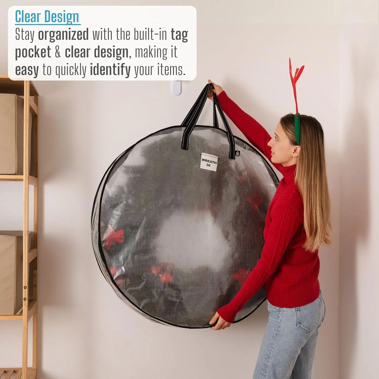 VENO 4 Pack Front Door Wreath Storage Container For Spring, Summer - 36 Inch Clear Wreath Bag, Christmas Garland Decoration Organizers with Zipper and Durable Handles (Clear, 36"-4 Pack)
