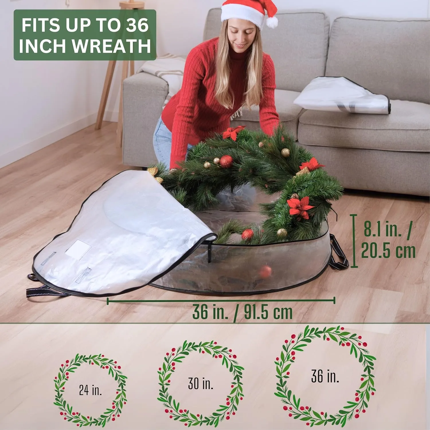 VENO 4 Pack Front Door Wreath Storage Container For Spring, Summer - 36 Inch Clear Wreath Bag, Christmas Garland Decoration Organizers with Zipper and Durable Handles (Clear, 36"-4 Pack)