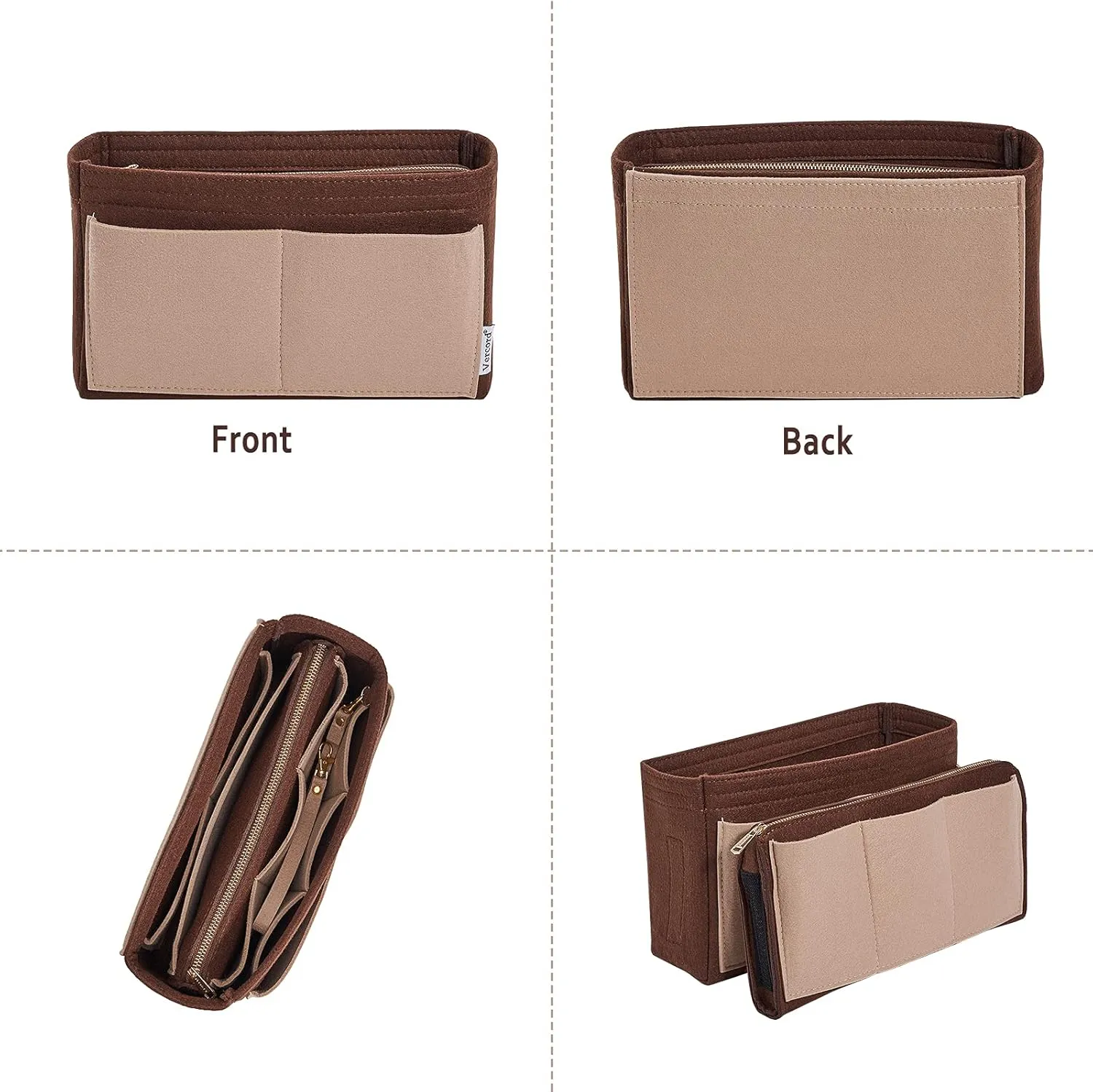 Vercord Felt Organizer Insert For Purse Handbag Tote Bag In Bag Inside Shaper Divider Neo Coffee & Beige Slender Medium