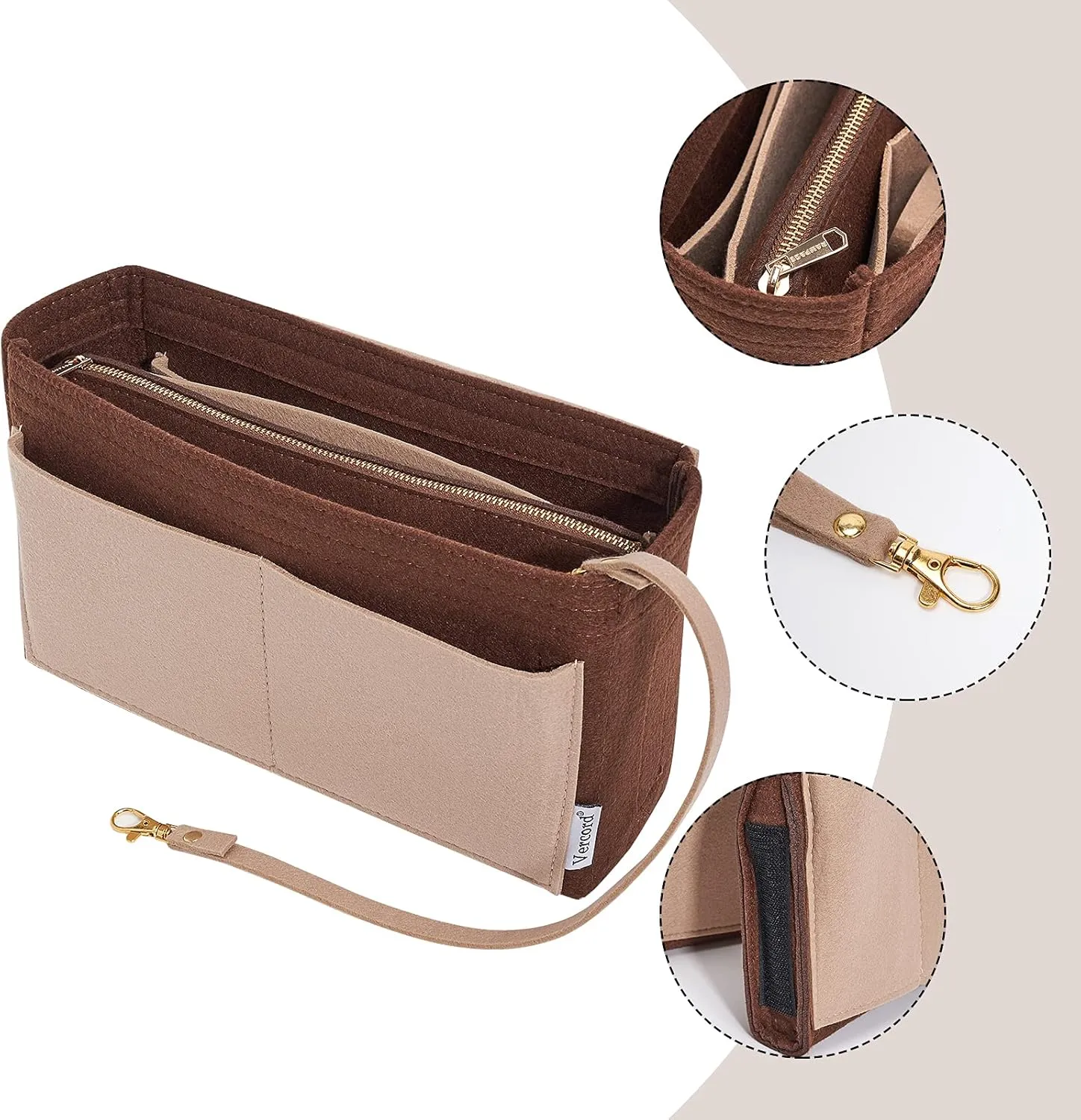 Vercord Felt Organizer Insert For Purse Handbag Tote Bag In Bag Inside Shaper Divider Neo Coffee & Beige Slender Medium