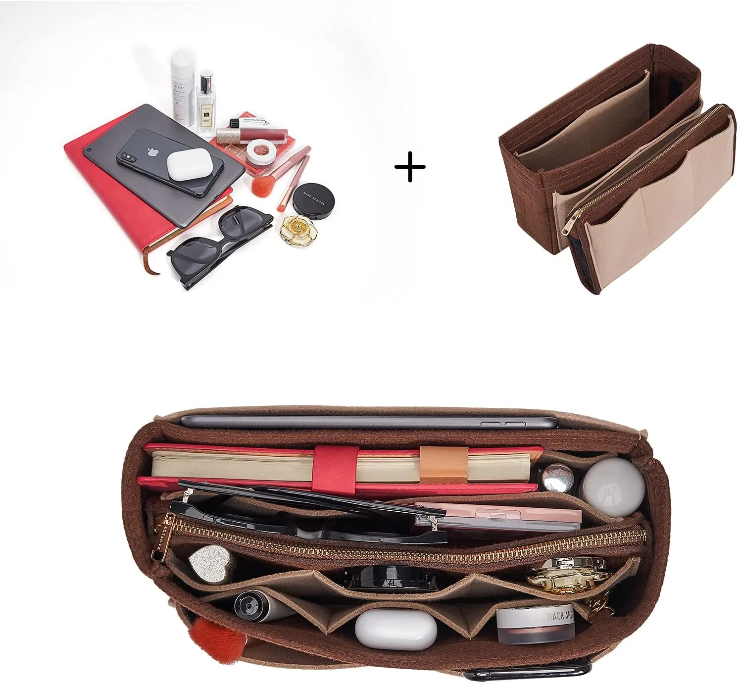 Vercord Felt Organizer Insert For Purse Handbag Tote Bag In Bag Inside Shaper Divider Neo Coffee & Beige Slender Medium