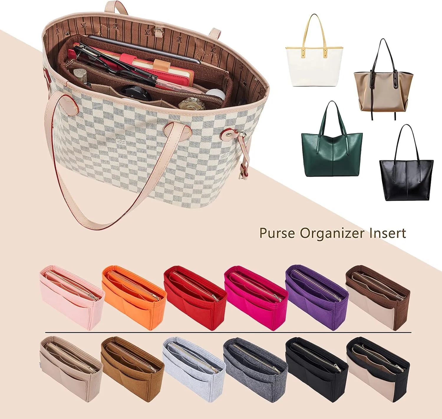 Vercord Felt Organizer Insert For Purse Handbag Tote Bag In Bag Inside Shaper Divider Neo Coffee & Beige Slender Medium