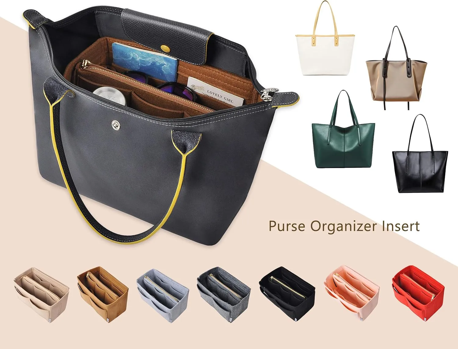 Vercord Felt Organizer Insert For Purse Handbag Tote Bag In Bag Inside Shaper Divider Neo Coffee Large