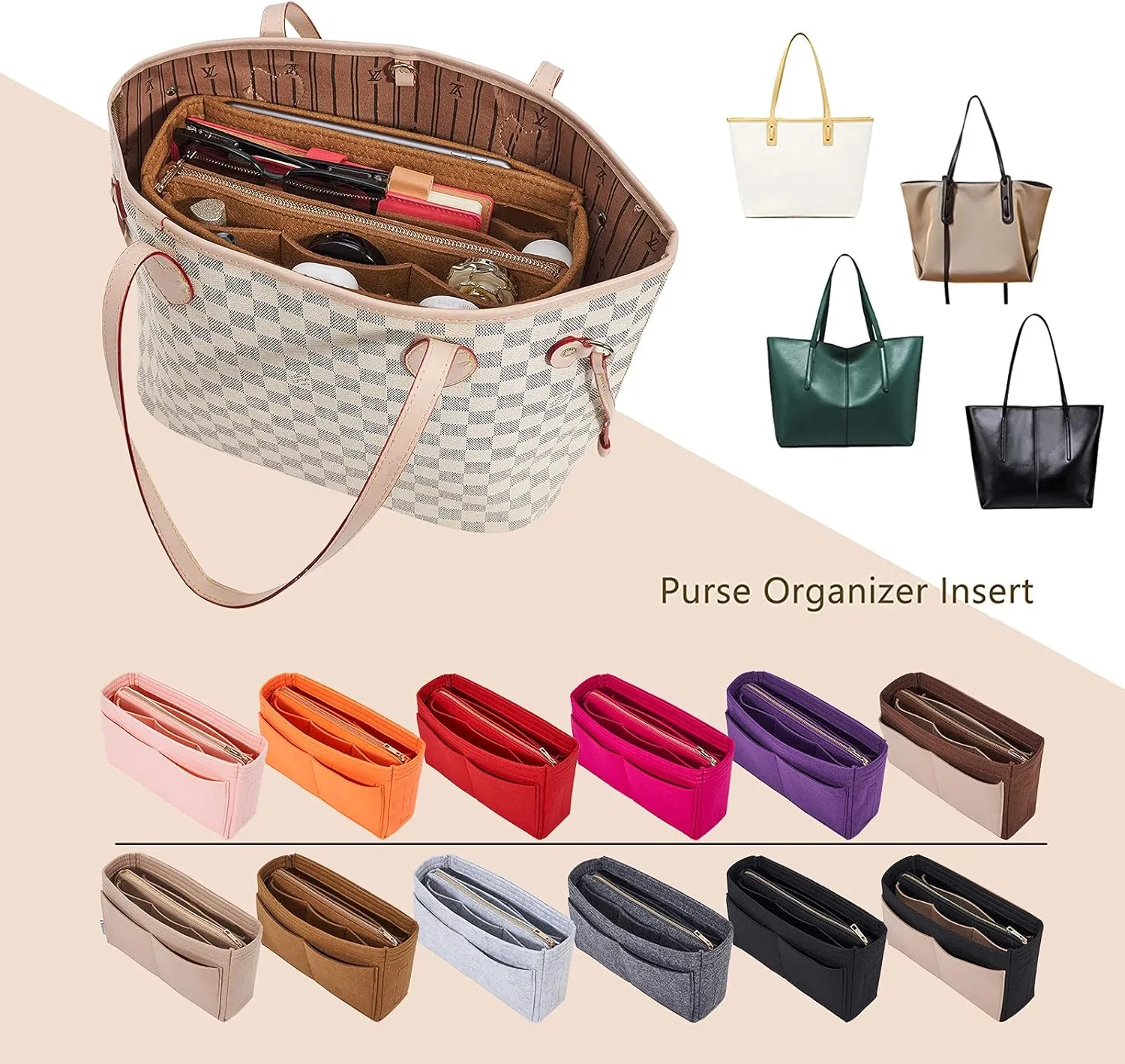 Vercord Felt Organizer Insert For Purse Handbag Tote Bag In Bag Inside Shaper Divider Neo Coffee Slender Medium