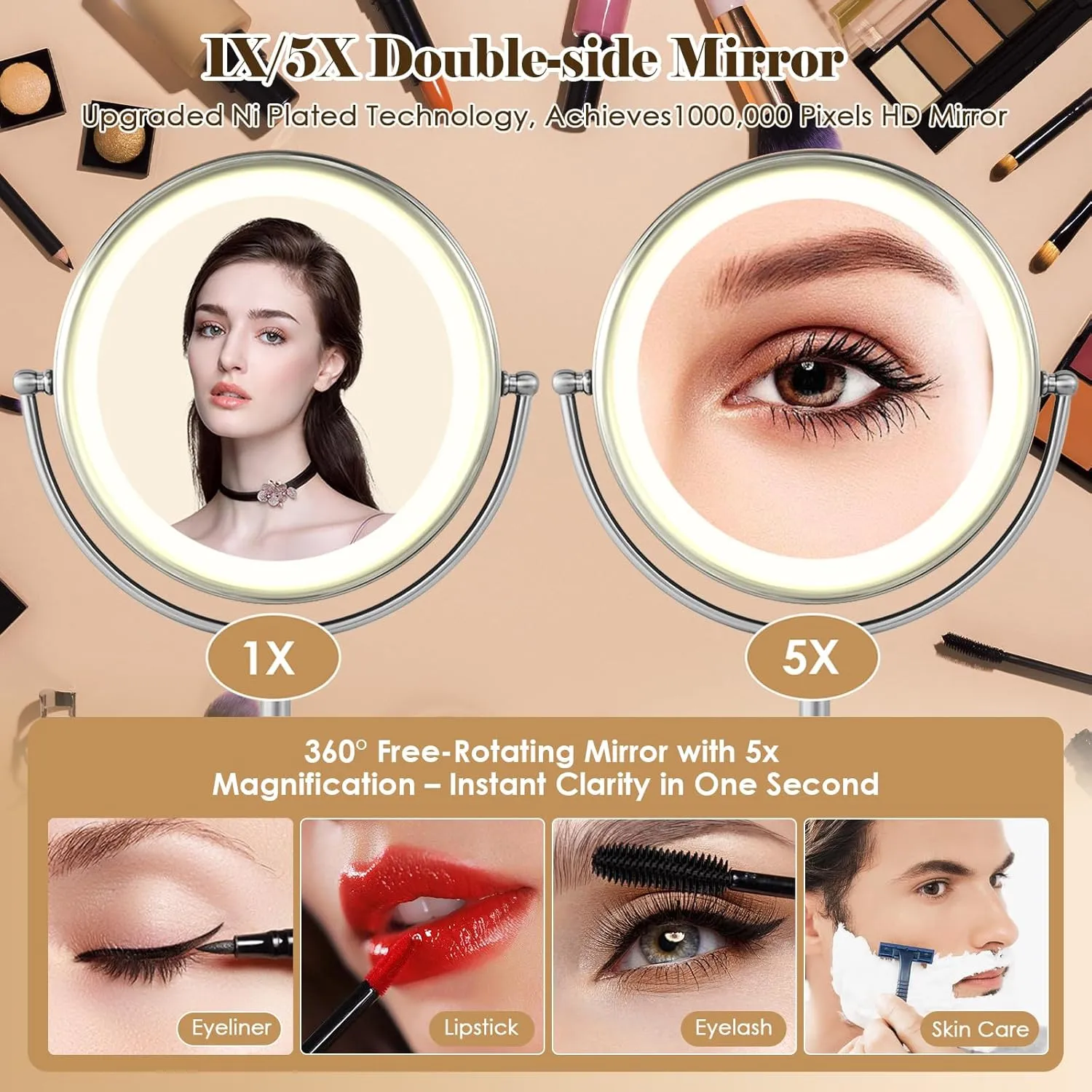 VESAUR 10" Large and 17" Tall Lighted Makeup Mirror, Double Sided 1X 5X Magnifying Mirror 3 Colors with Lights, Brightness Adjustable 360° Rotation Cosmetic Light up Mirror, Silver