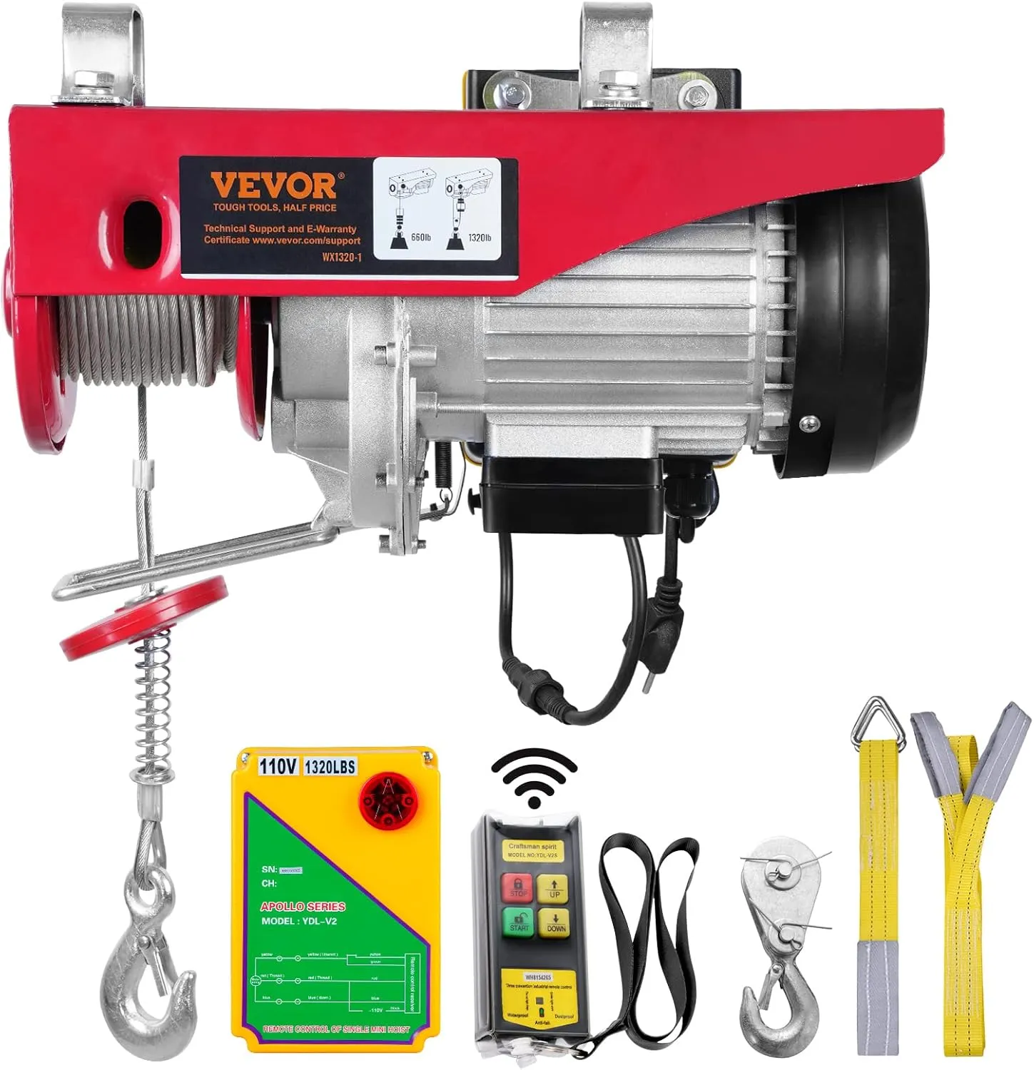 VEVOR 1320lbs Electric Hoist with Wireless Remote Control,110v Electric Hoist with Remote Control, 40ft/20ft Lifting Height & Pure Copper Motor, for Garage Warehouse Factory