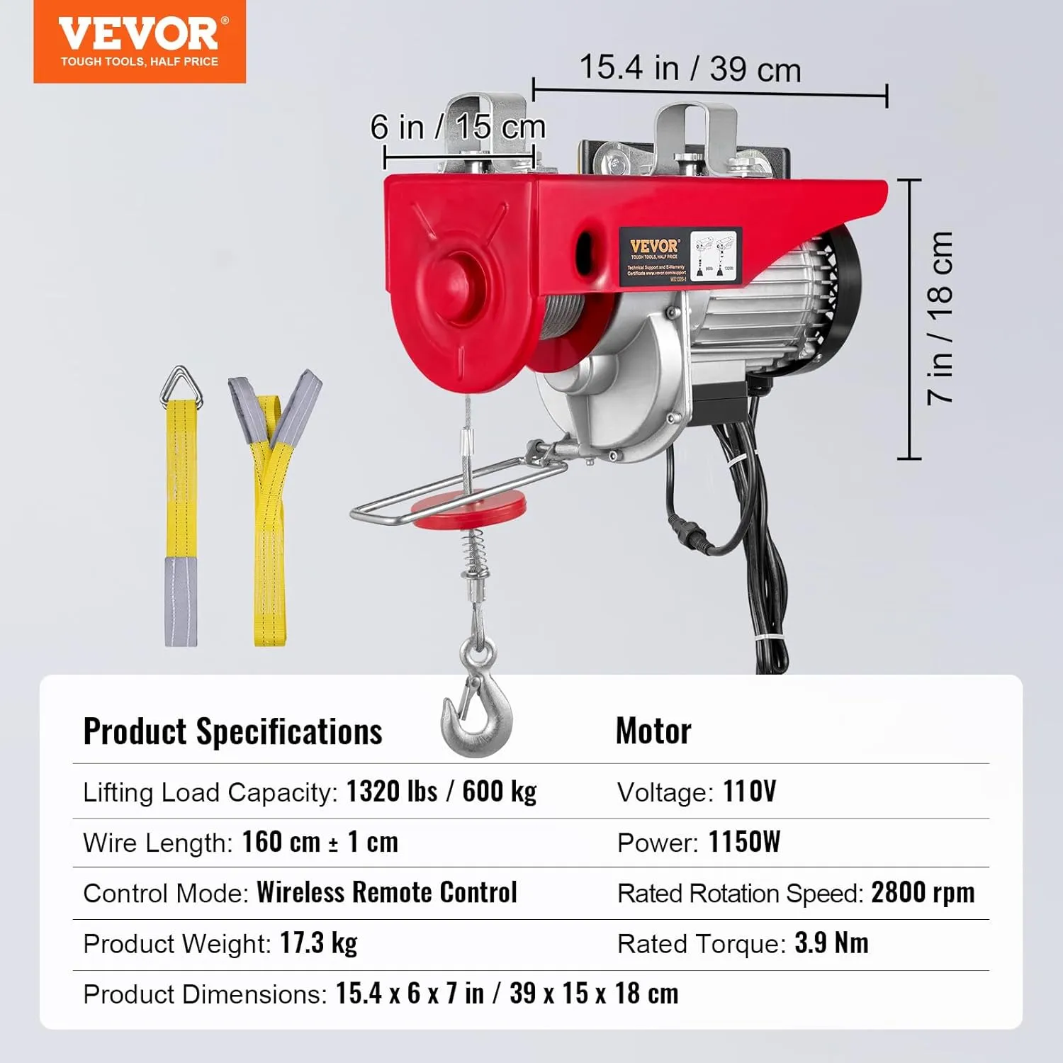 VEVOR 1320lbs Wireless Electric Hoist, 1150W 110V Electric Steel Wire Winch with Wireless Remote Control, 40ft Single Cable Lifting Height & Pure Copper Motor, for Garage Warehouse Factory