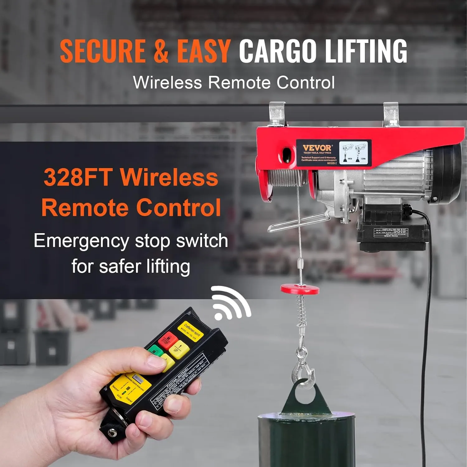 VEVOR 1320lbs Wireless Electric Hoist, 1150W 110V Electric Steel Wire Winch with Wireless Remote Control, 40ft Single Cable Lifting Height & Pure Copper Motor, for Garage Warehouse Factory