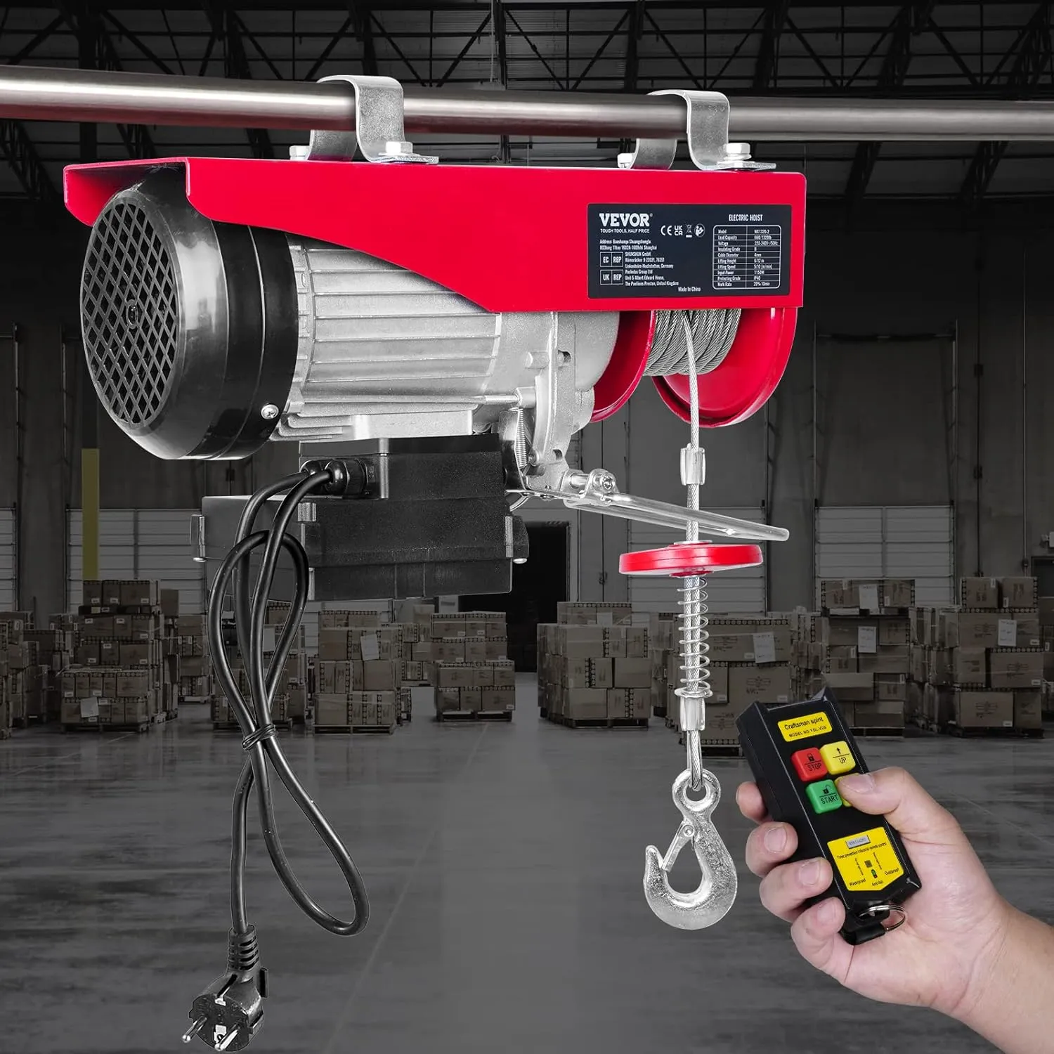 VEVOR 1320lbs Wireless Electric Hoist, 1150W 110V Electric Steel Wire Winch with Wireless Remote Control, 40ft Single Cable Lifting Height & Pure Copper Motor, for Garage Warehouse Factory