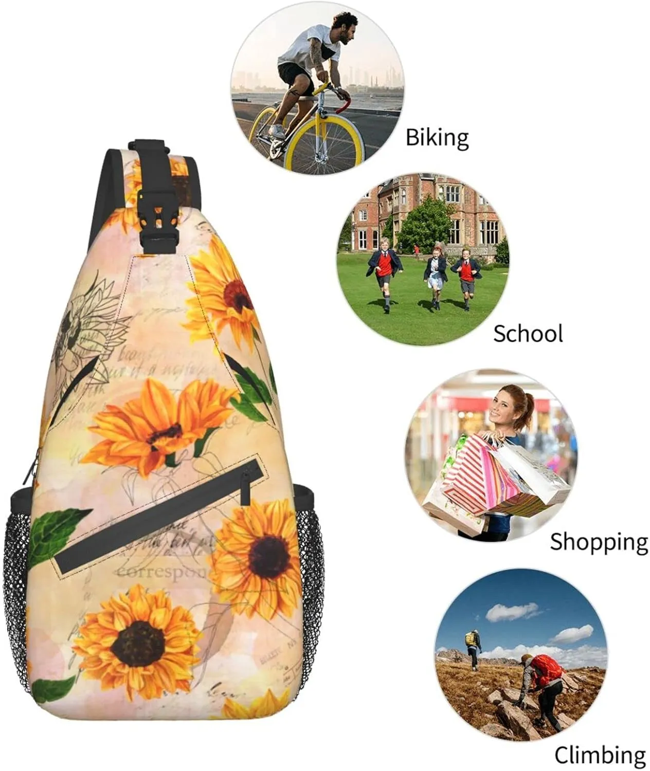 Vintage Sunflower Sling Bag Crossbody Backpack For Women Men Hiking Travel Over The Shoulder Bag Pouch Small Daypack Casual One Strap Pack Lightweight Cross Chest Bag Purse Outdoor Cycling