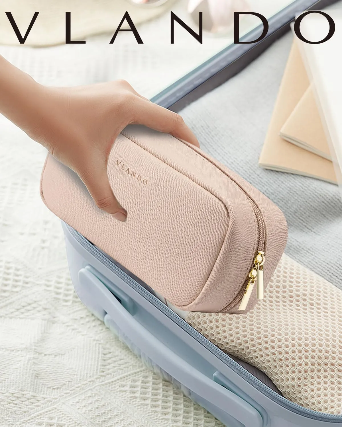 Vlando Small Makeup Pouch,Travel Makeup Bag Gift Ideas for Wife Girls Makeup Pouch for Purse Makeup Brush Holder-Milk Tea