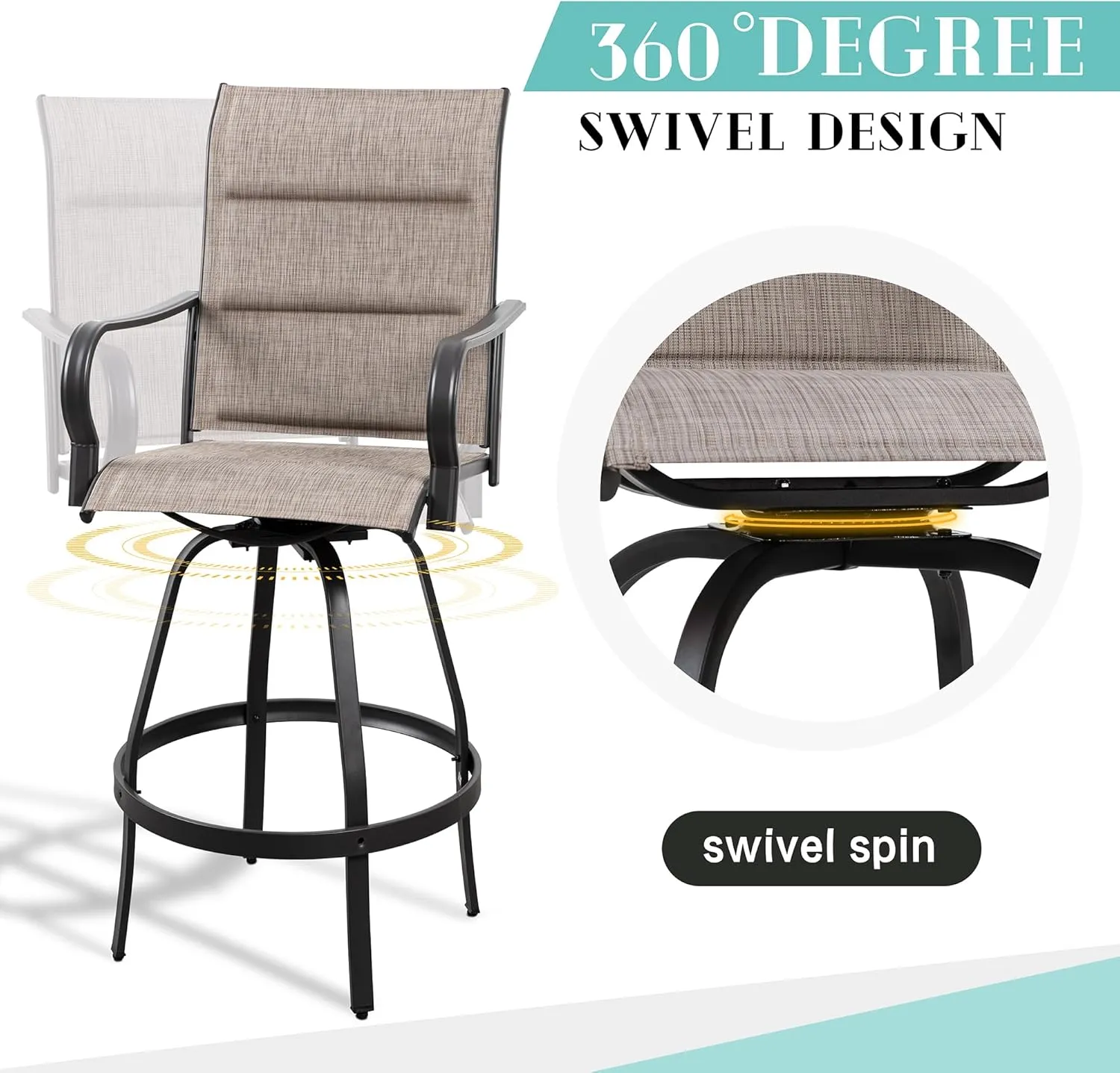 Vongrasig 2 Piece Outdoor Patio Swivel Bar Chairs, All Weather Padded Sling Textile High Top Bar Stools, Bistro Set for Backyard, Lawn Garden, Balcony, Gray