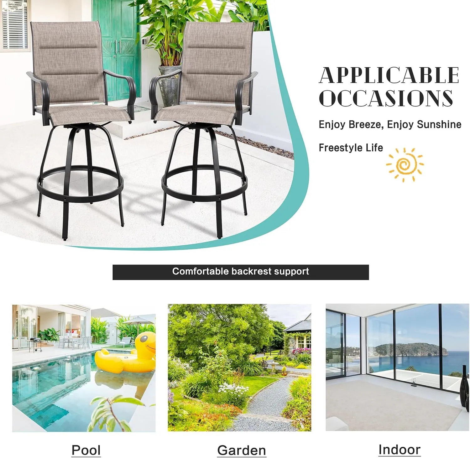 Vongrasig 2 Piece Outdoor Patio Swivel Bar Chairs, All Weather Padded Sling Textile High Top Bar Stools, Bistro Set for Backyard, Lawn Garden, Balcony, Gray