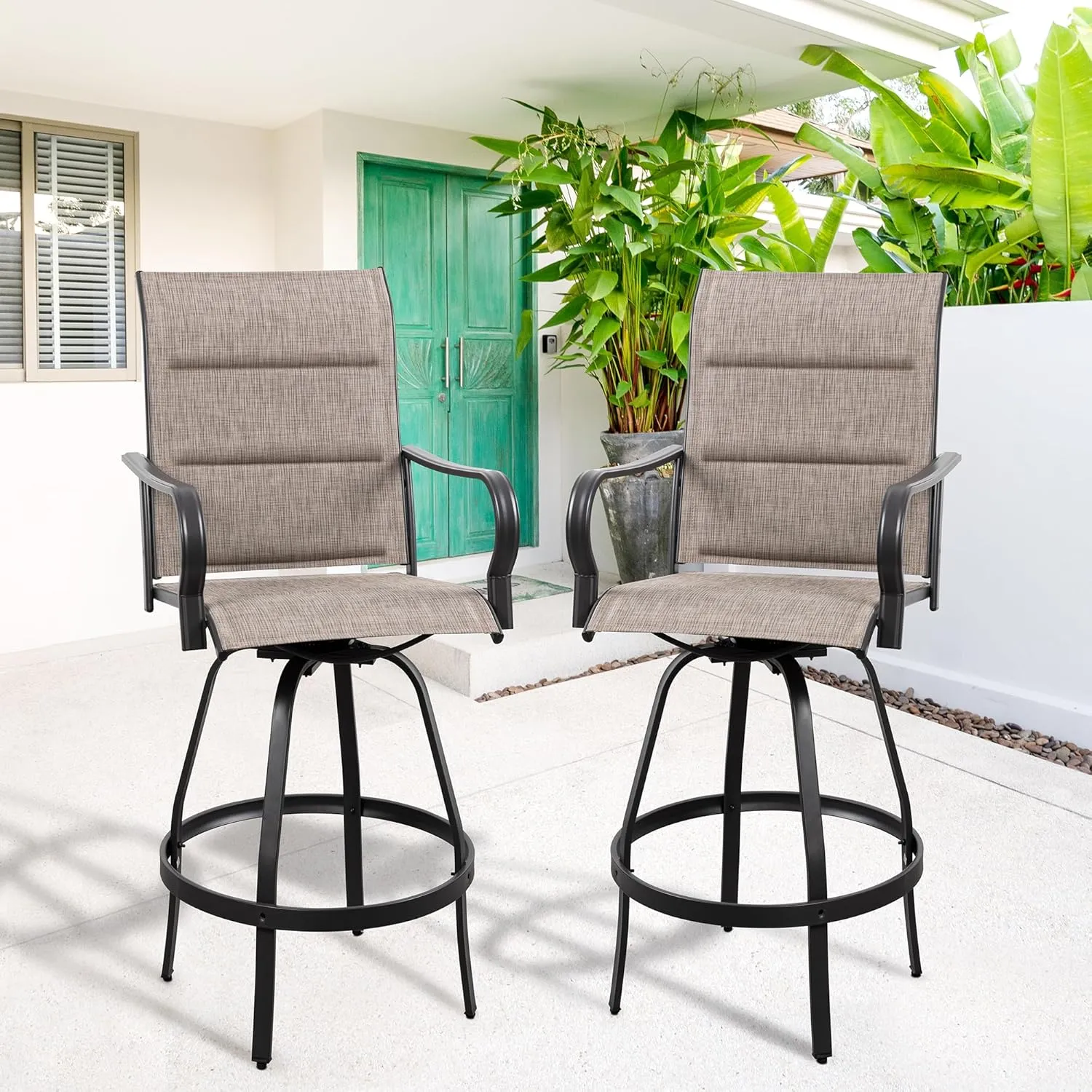 Vongrasig 2 Piece Outdoor Patio Swivel Bar Chairs, All Weather Padded Sling Textile High Top Bar Stools, Bistro Set for Backyard, Lawn Garden, Balcony, Gray