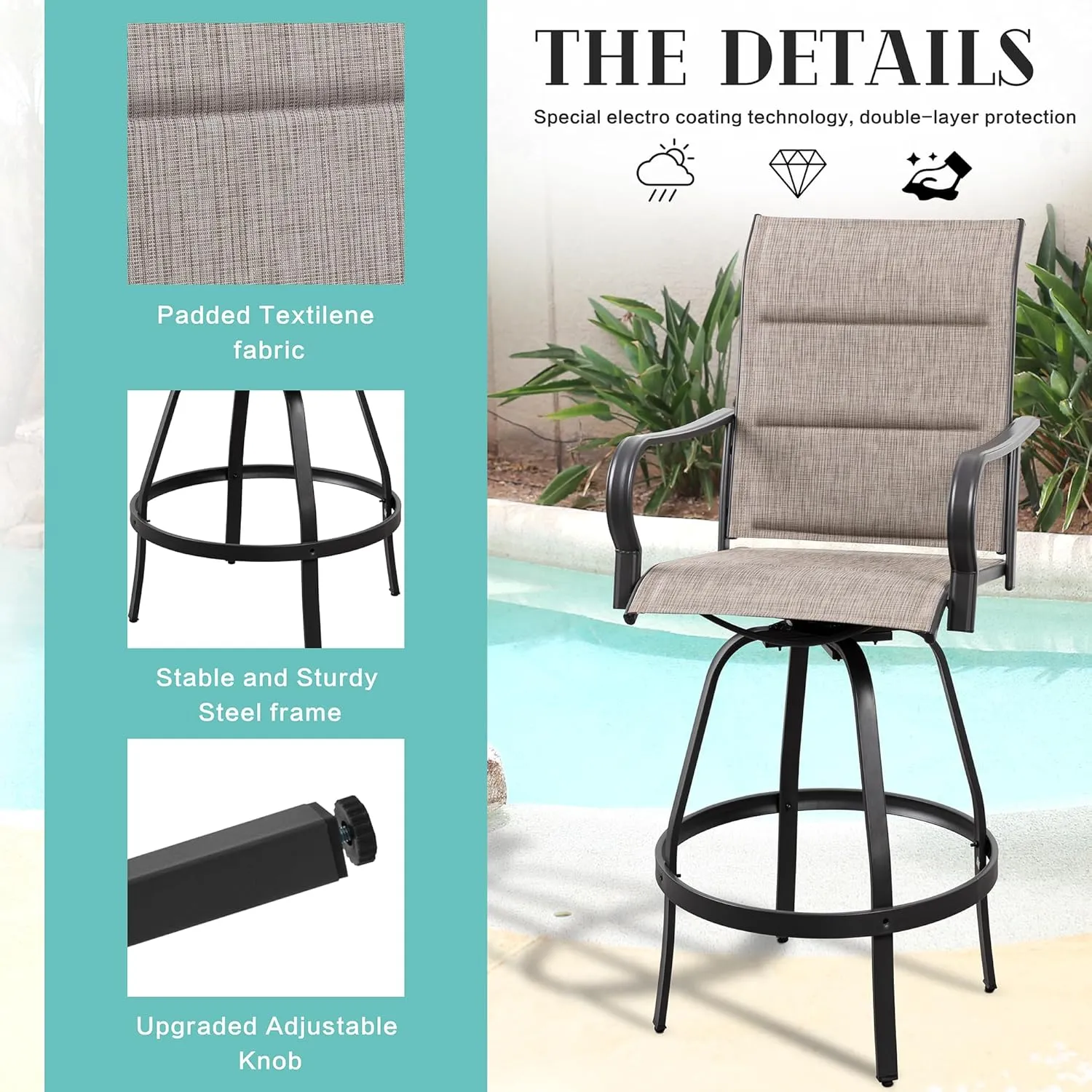 Vongrasig 2 Piece Outdoor Patio Swivel Bar Chairs, All Weather Padded Sling Textile High Top Bar Stools, Bistro Set for Backyard, Lawn Garden, Balcony, Gray