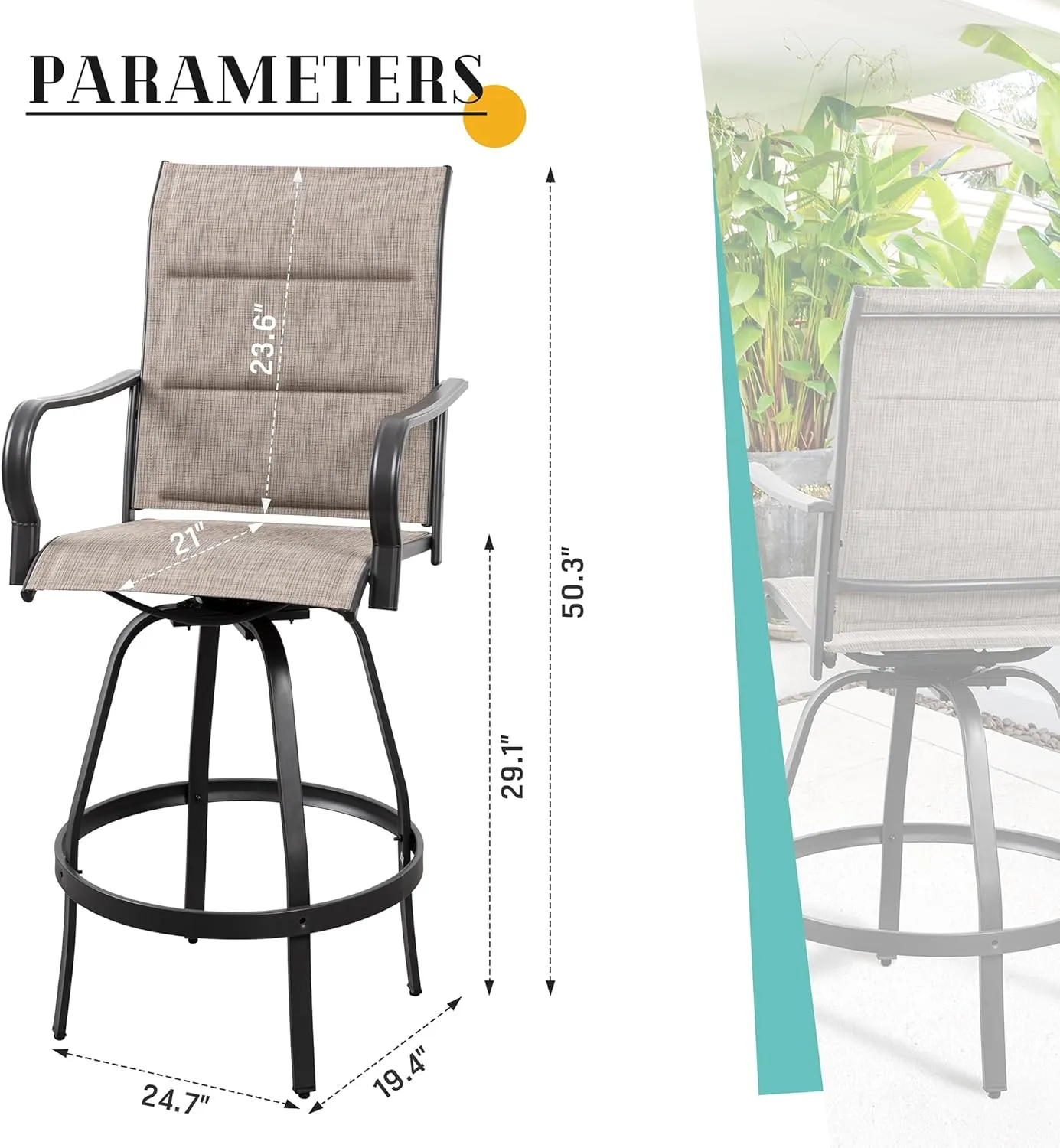 Vongrasig 2 Piece Outdoor Patio Swivel Bar Chairs, All Weather Padded Sling Textile High Top Bar Stools, Bistro Set for Backyard, Lawn Garden, Balcony, Gray