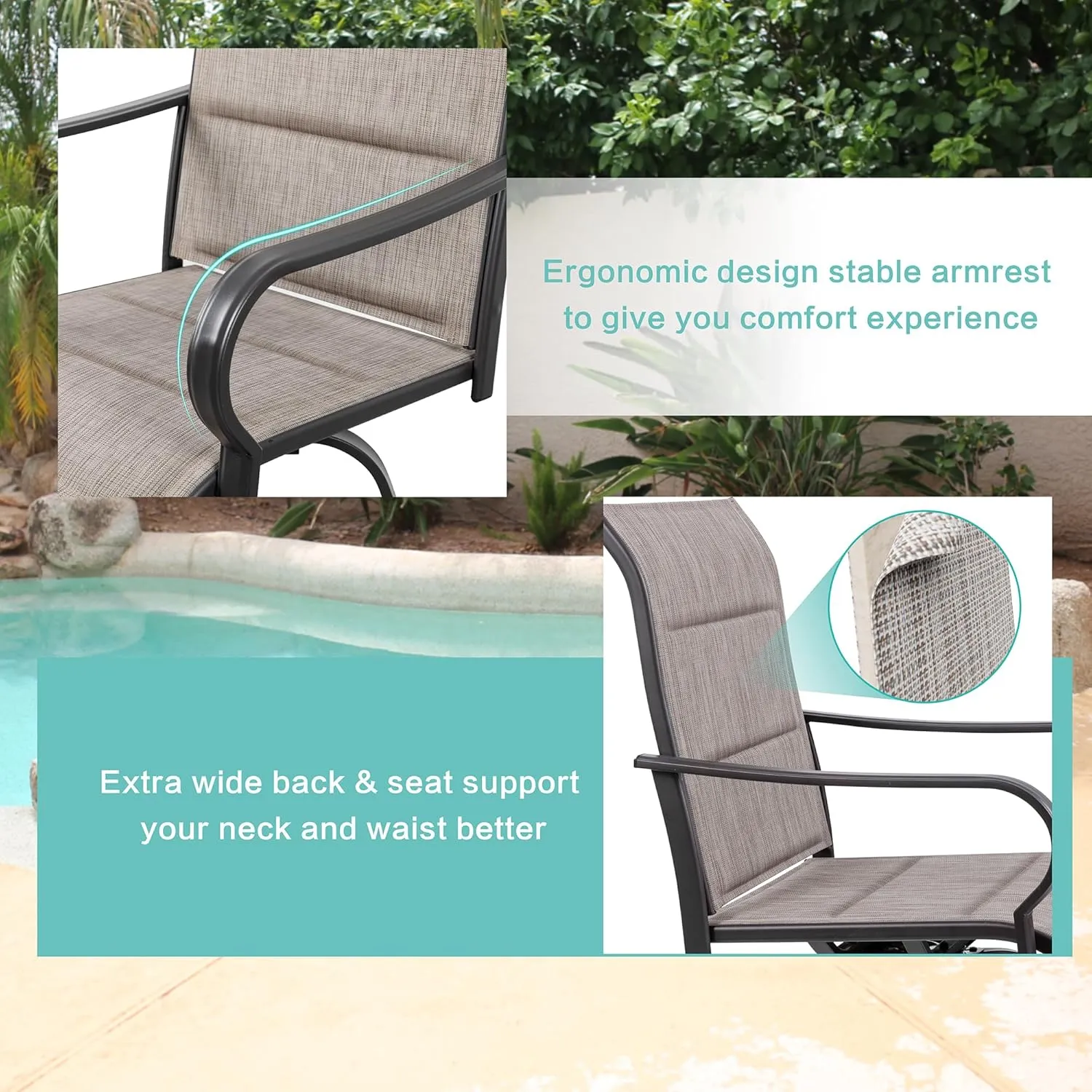 Vongrasig 2 Piece Outdoor Patio Swivel Bar Chairs, All Weather Padded Sling Textile High Top Bar Stools, Bistro Set for Backyard, Lawn Garden, Balcony, Gray