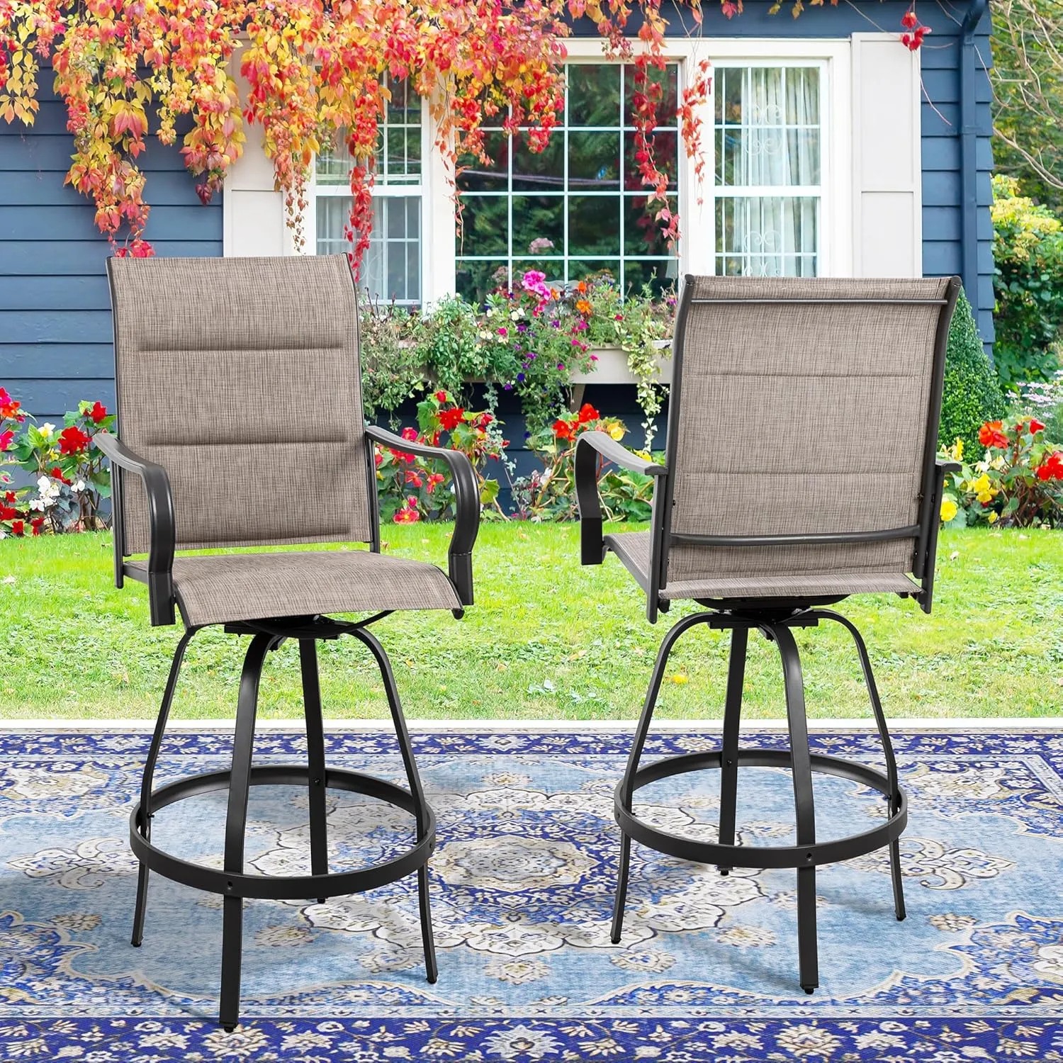 Vongrasig 2 Piece Outdoor Patio Swivel Bar Chairs, All Weather Padded Sling Textile High Top Bar Stools, Bistro Set for Backyard, Lawn Garden, Balcony, Gray