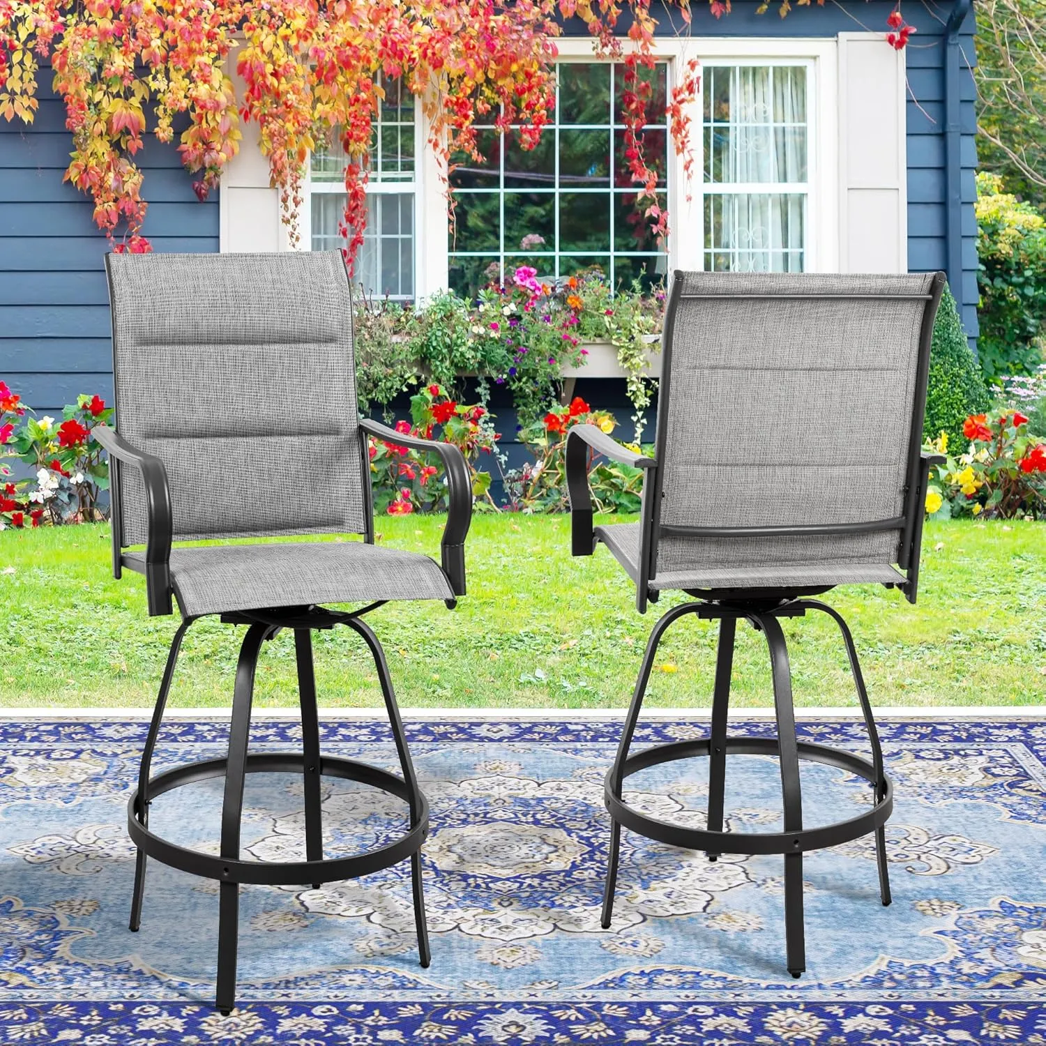 Vongrasig 2 Piece Outdoor Patio Swivel Bar Chairs, All Weather Padded Sling Textile High Top Bar Stools, Bistro Set for Backyard, Lawn Garden, Balcony, Padded Light Grey